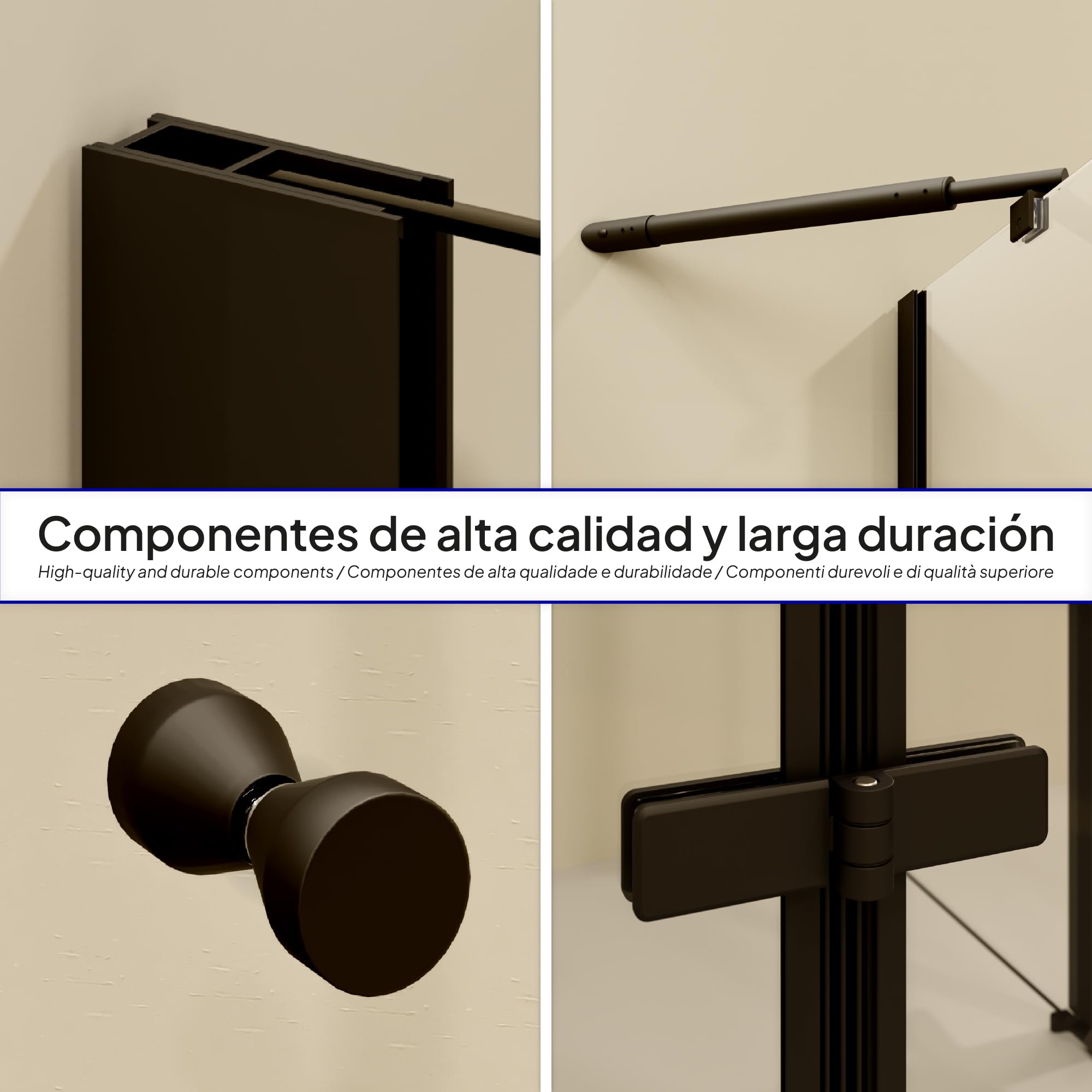 Mampara de Ducha Alice-70x75x180cm|REVERSIBLE|Puertas Abatibles, Ajuste 69,3-71,3x74,3-76,3cm|Perfiles Negros, Cristal Templado Transparente 6mm