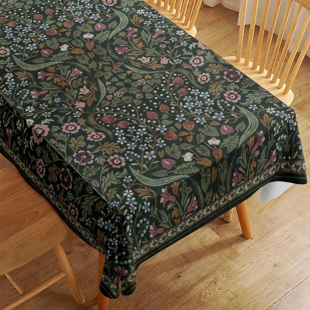 Zenvibe Dark Floral Tablecloth, Boho Rustic Wildflowers Tablecloths for Rectangle Tables, Moody Washable Tablecloth, Green Botanical Table Cloth for Dining Room, Party Picnic Table Cover 108"X54"