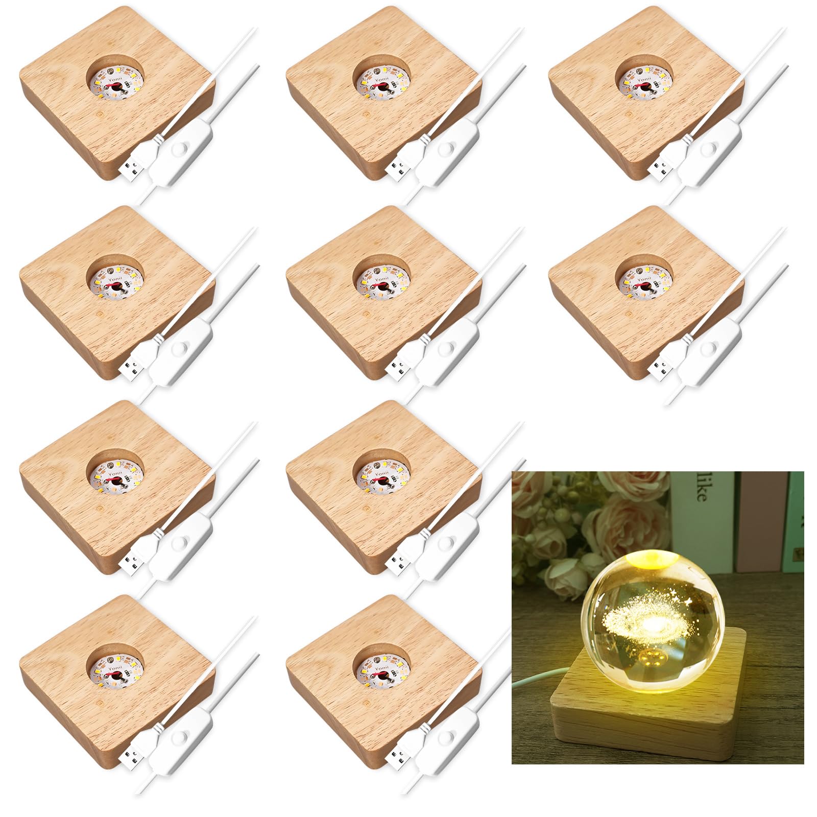 Olutacot 10 Pcs Wooden LED Display Bases Square Wood Display Lighted Bases for Glass Art LED Lighted Display Stand Bases for 3D Crystal Ball Room