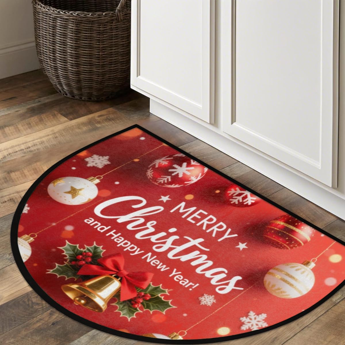 Half Round Door Mat - Indoor Outdoor Christmas Decor Globes Half Circle Rug for Entryway, Bathroom, Kitchen - Washable Non-Slip Half Moon Mat with Boho Floral Vintage Design - Small Floor Mat