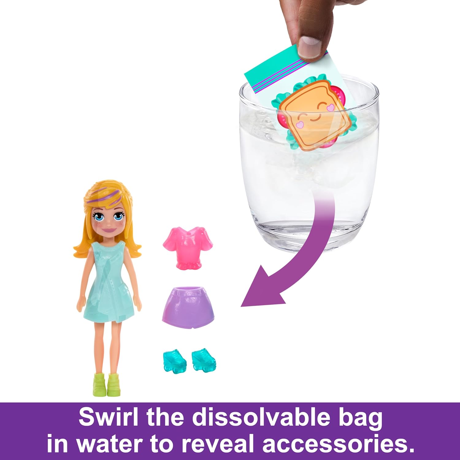Hand swirling a dissolvable bag in water to reveal Polly Pocket accessories