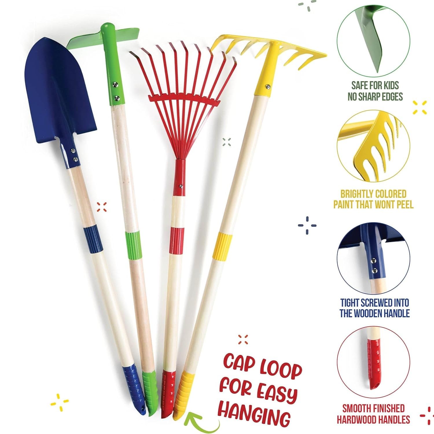 LATERN 6Pcs Kids Gardening Tools Set, 71CM Metal Garden Tools Large Shovel Rake Hoe Leaf Rake with Wooden Handle - Image 2
