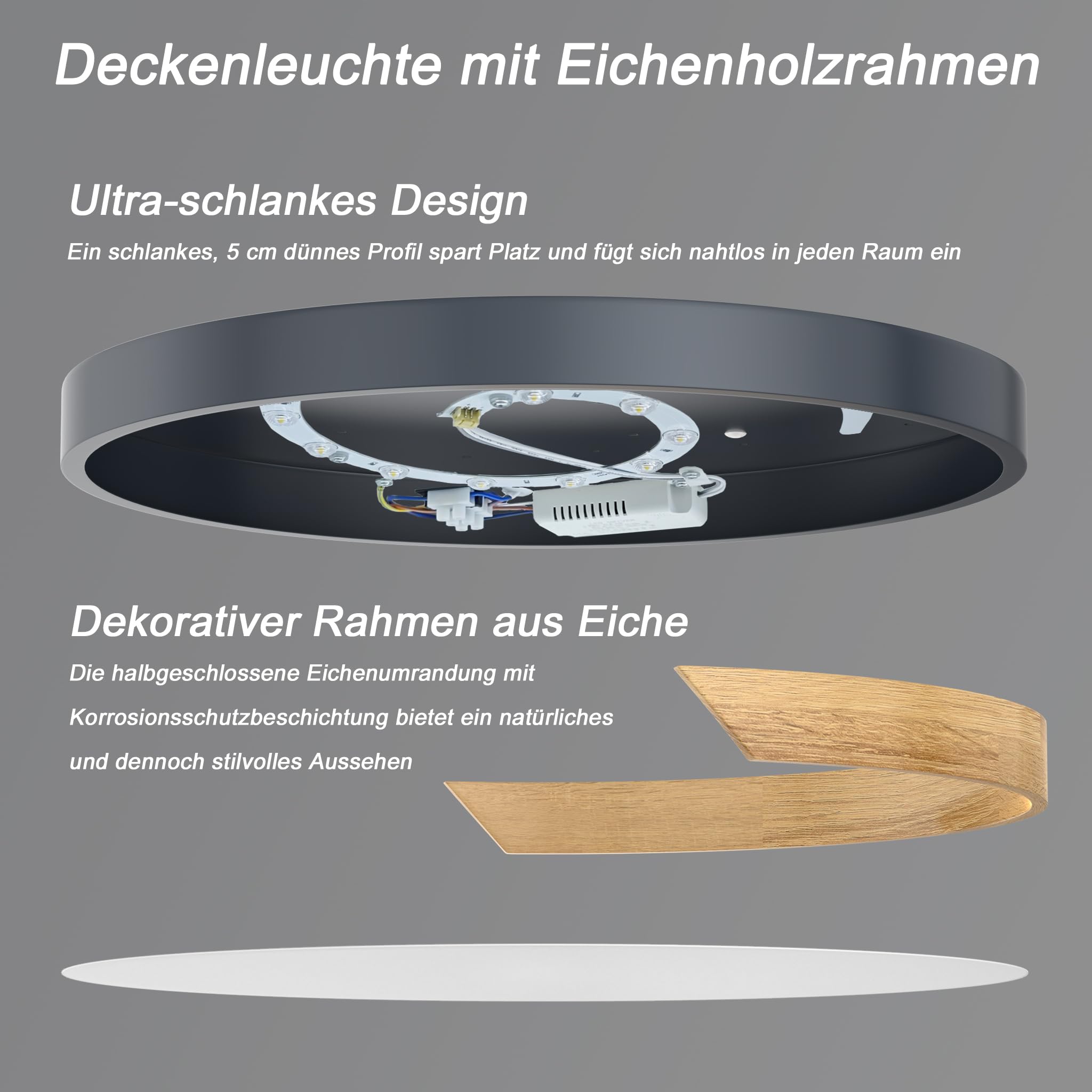 UISEBRT Deckenlampe LED Deckenleuchte Holz,Rund Leuchte Decke,2800K-6500K 96W Dimmbar Flachlampe für Wohnzimmer,Schlafzimmer,Badezimmer,Küche,Flur,kinderzimmer,Büro,Grau