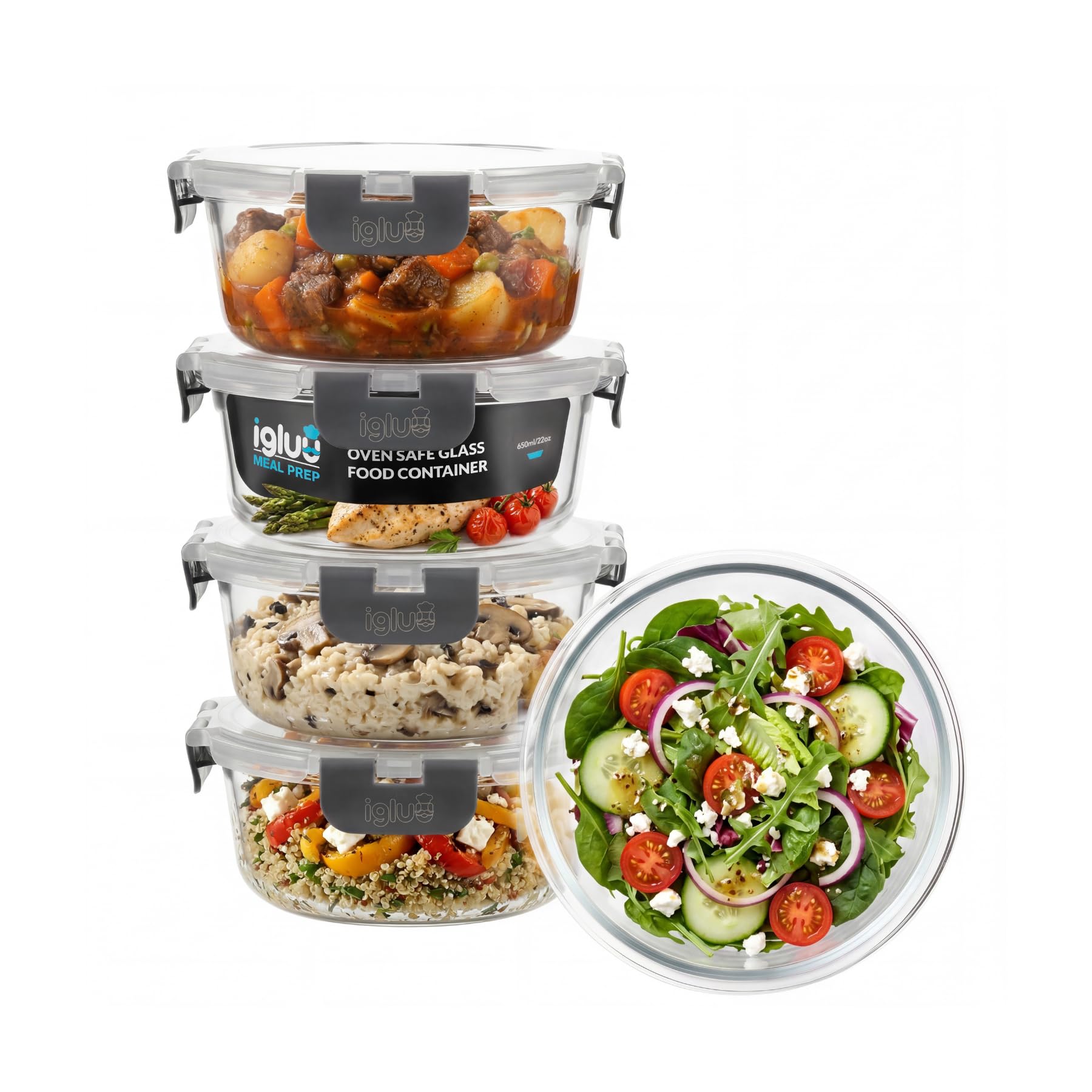Igluu Meal Prep Contenitori Vetro per Alimenti Tondi (Set da 5) – 650ml