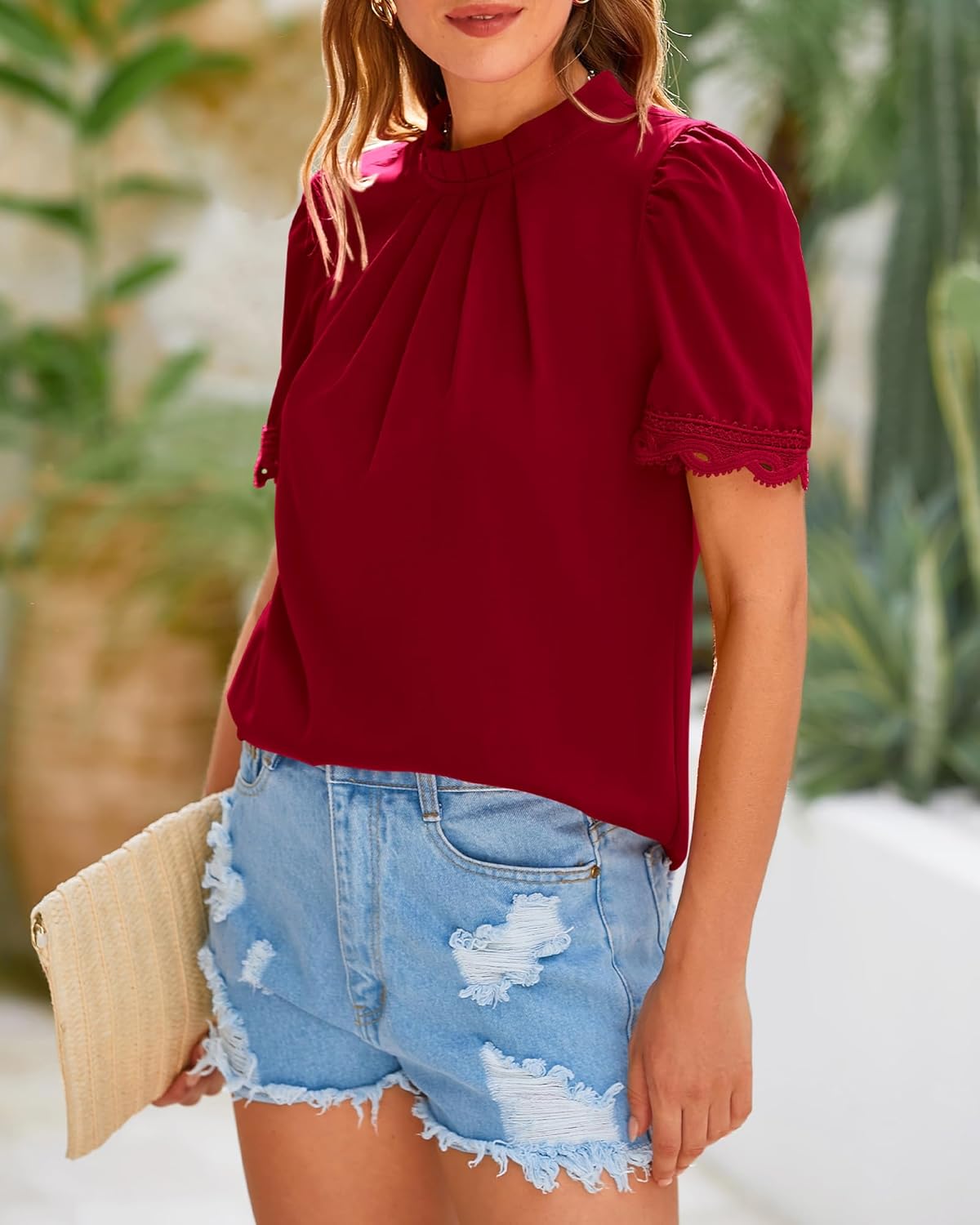 BTFBM Women Blouses 2026 Dressy Casual Summer Tops Mock Neck Lace Trim Short Sleeve Business Work Shirts Spring Clothes - Image 5