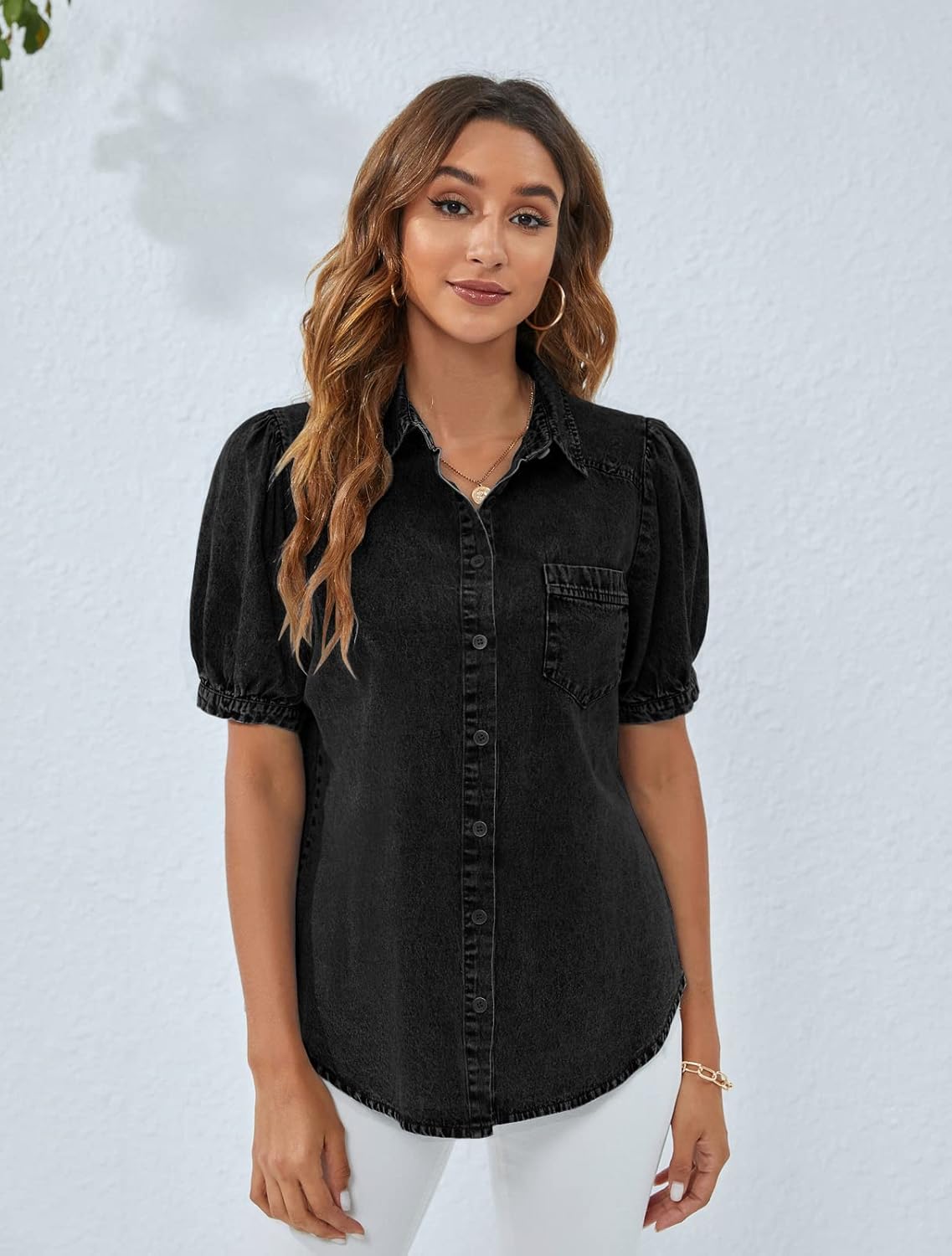 BMJL Womens Denim Shirt Business Casual Button Down Work Blouses Puff Sleeve Summer Tops - Image 2