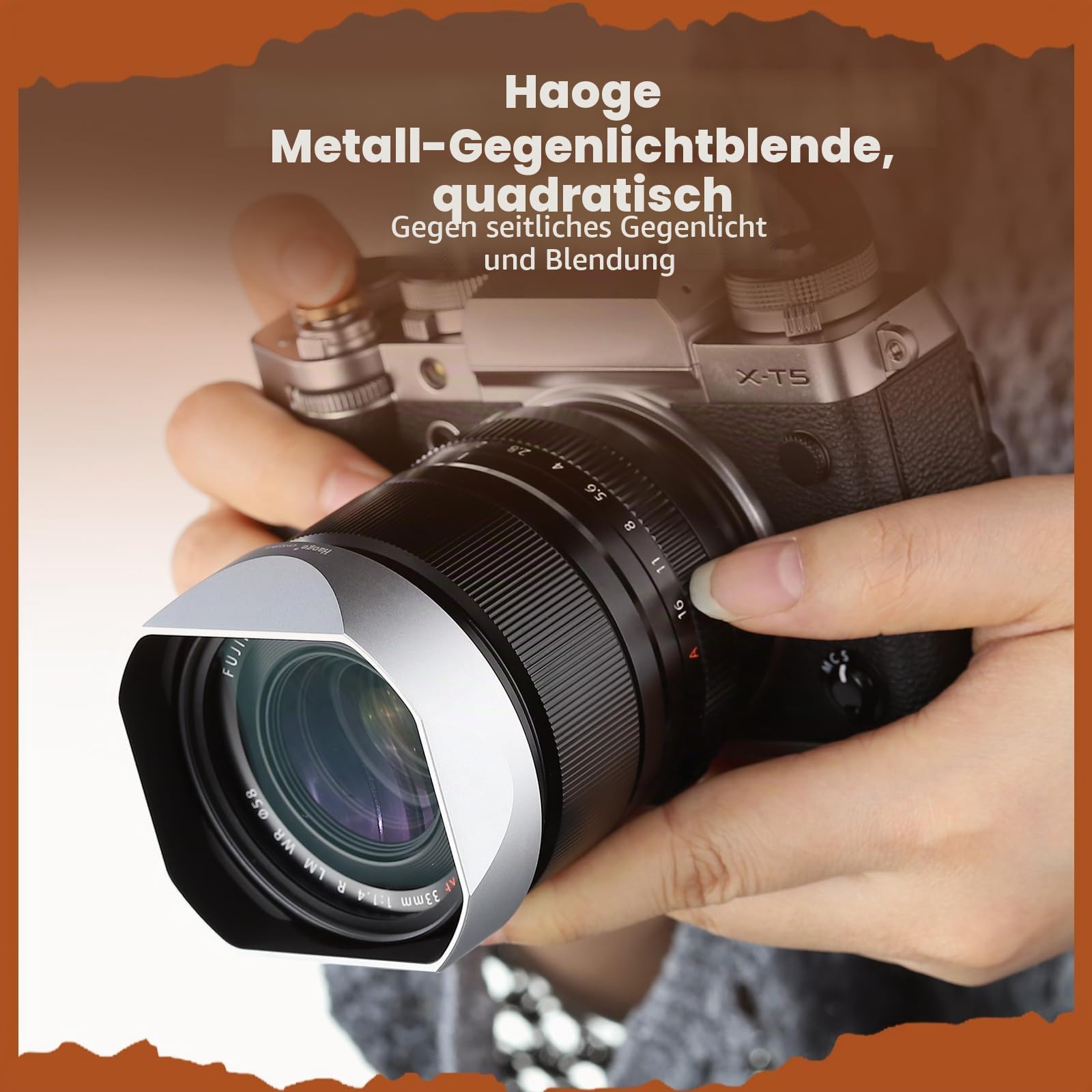 Quadratische Gegenlichtblende aus Metall für Fuji XF33 mm F1.4 R LM WR Objektiv, Fujifilm XF23mmF1.4 R LM WR, Fujinon XF 16–50 mm F2.8–4.8 R LM WR Objektiv, mit Metallkappen-Set, Haoge Bajonettblende