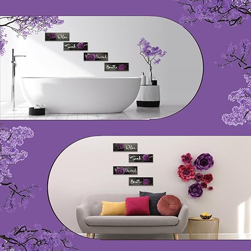 Miniatura 6 de 4 piezas de decoración de pared de baño morada, decoración de pared de rosa, accesorios de baño de madera con arte para relajarse, remojar y