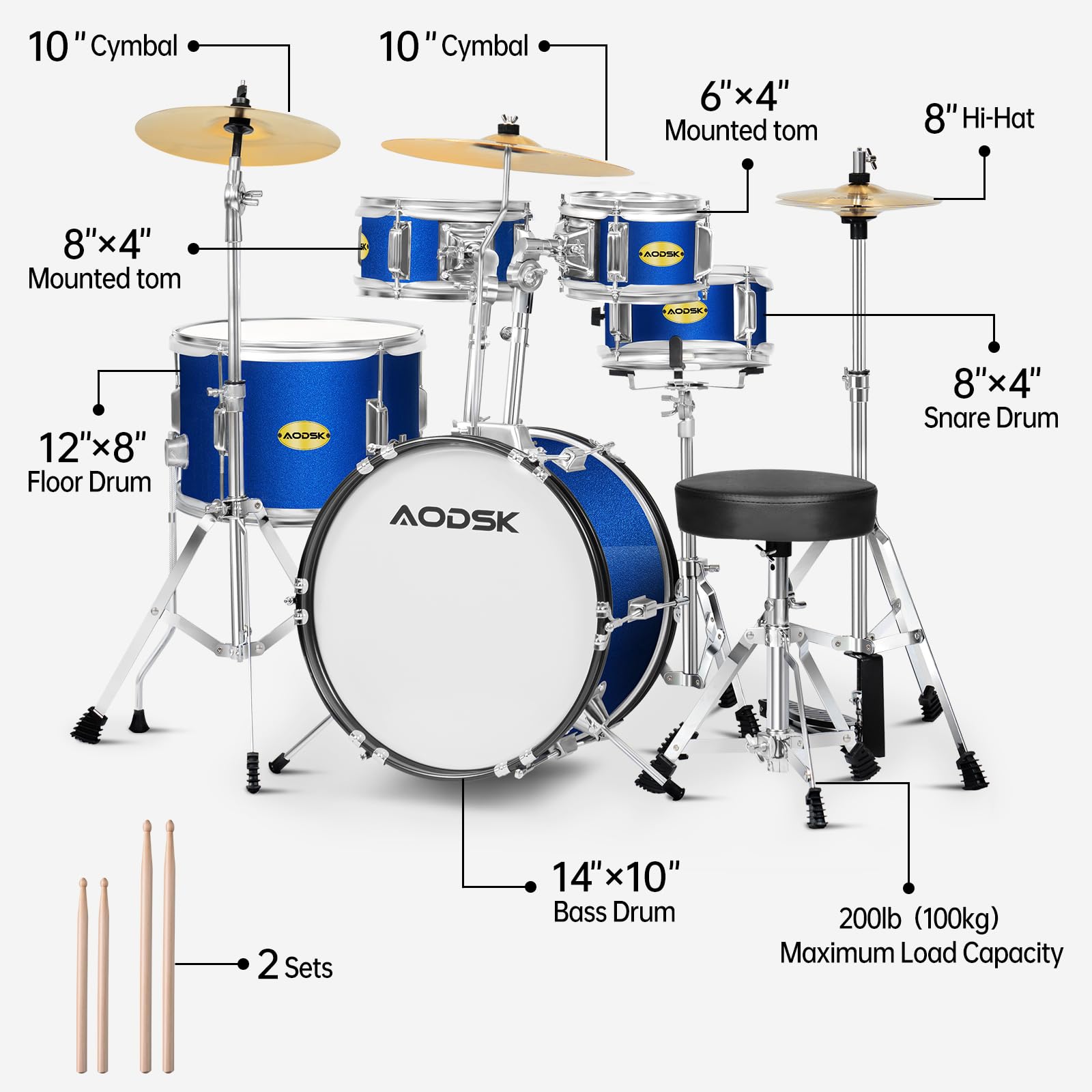 Juego de batería infantil de 5 piezas para principiantes, kit completo de batería de tamaño completo de 14 pulgadas con trono ajustable, platillo, Hi-Hat, pedal y baqueta, color negro 2