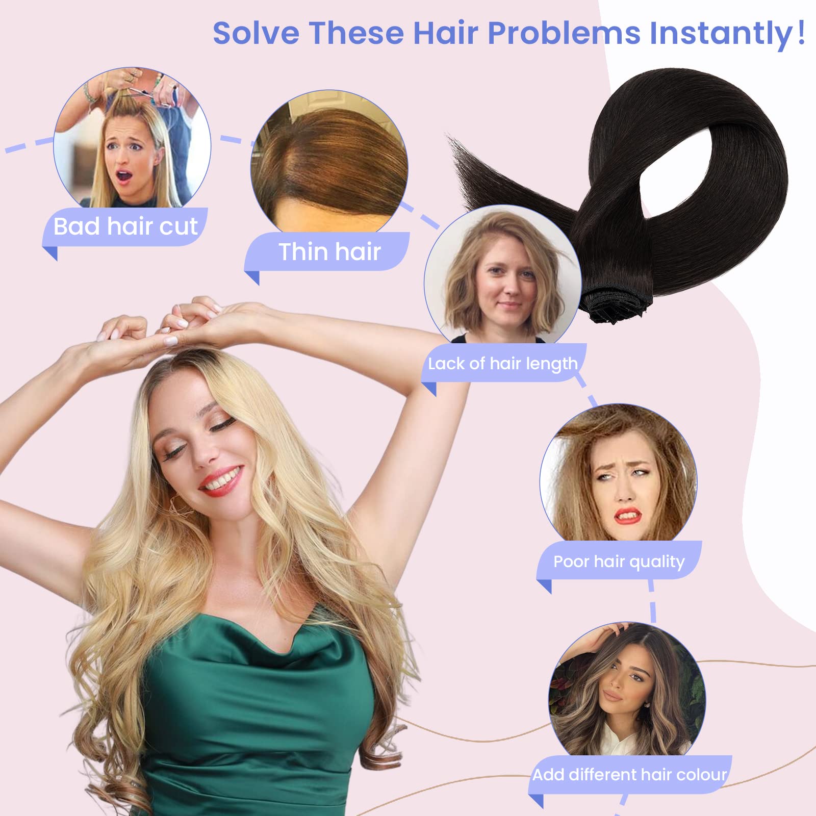 Elailite Clip in Human Hair Hair Extensions Real Natural Hair Remy, 8 Pcs (Thin Weft) Full Head Straight, #1B Natural Black - Image 2