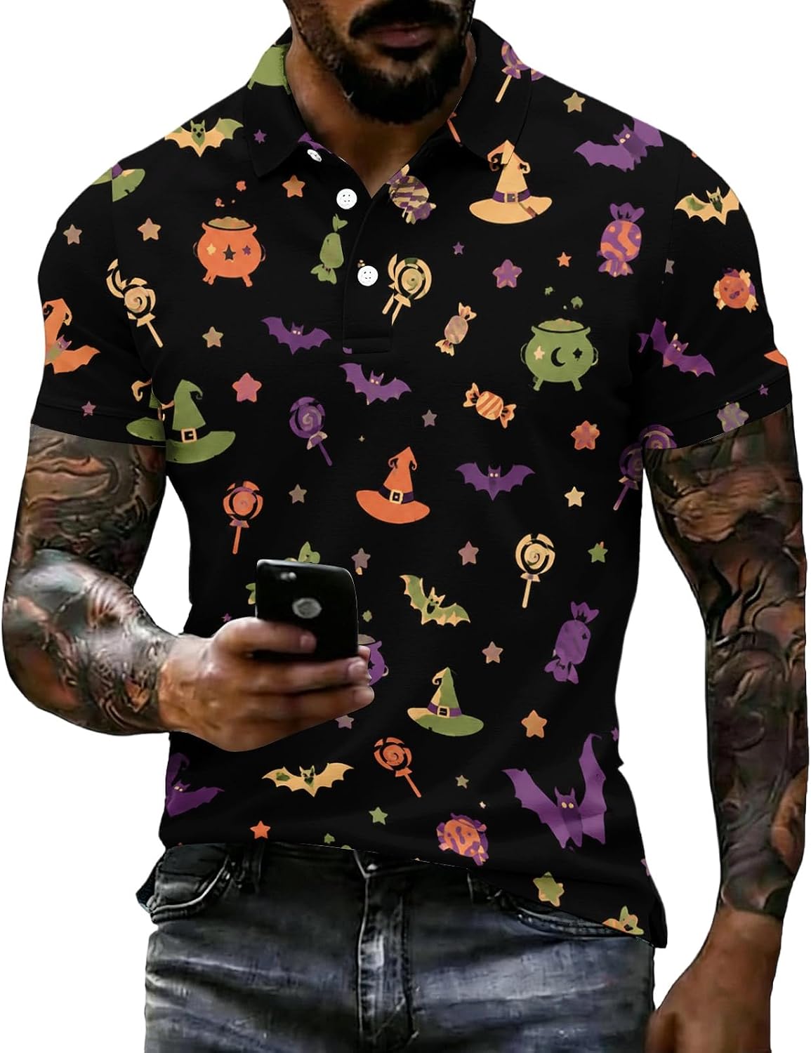 Halloween Polo Shirts for Men Pumpkin Ghost Printed Holiday Golf Shirt