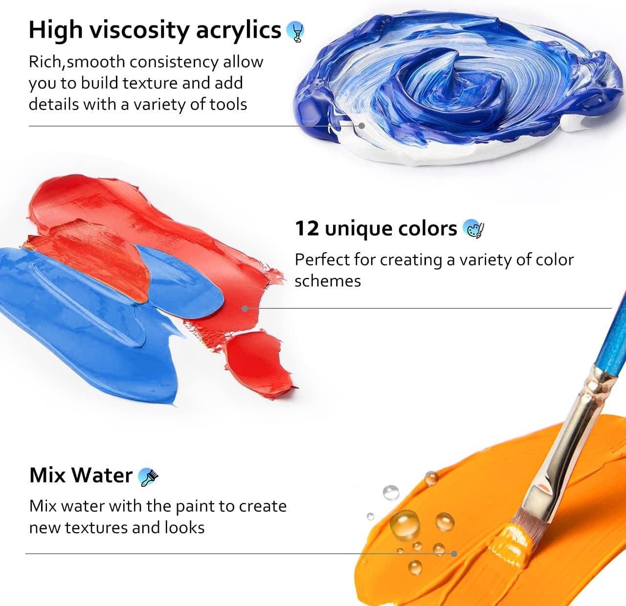 Acrylic Paint Set, Emooqi 12 × 22 ml (0.74 oz) Premium Colors, 3 Brushes, Rich Pigments, Non Fading Paints for Artist and Hobby Painters, Ideal for Fabric, Canvas Painting, Christmas Decoration.