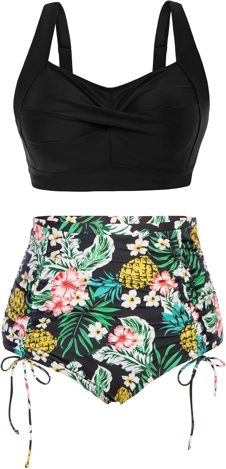 Size 14W Hanna Nikole Women Plus Size Two Piece Swimsuit Sets Twist Front Bikini Bathing Suit with Drawstring Ruched Bottom 14 Plus Black&green Flowers