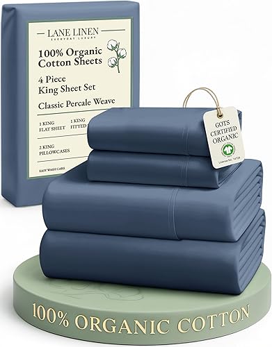 LANE LINEN Sábanas 100% algodón orgánico para cama tamaño King, sábanas de percal suave, transpirables, de lujo, estilo hotelero, lavables a