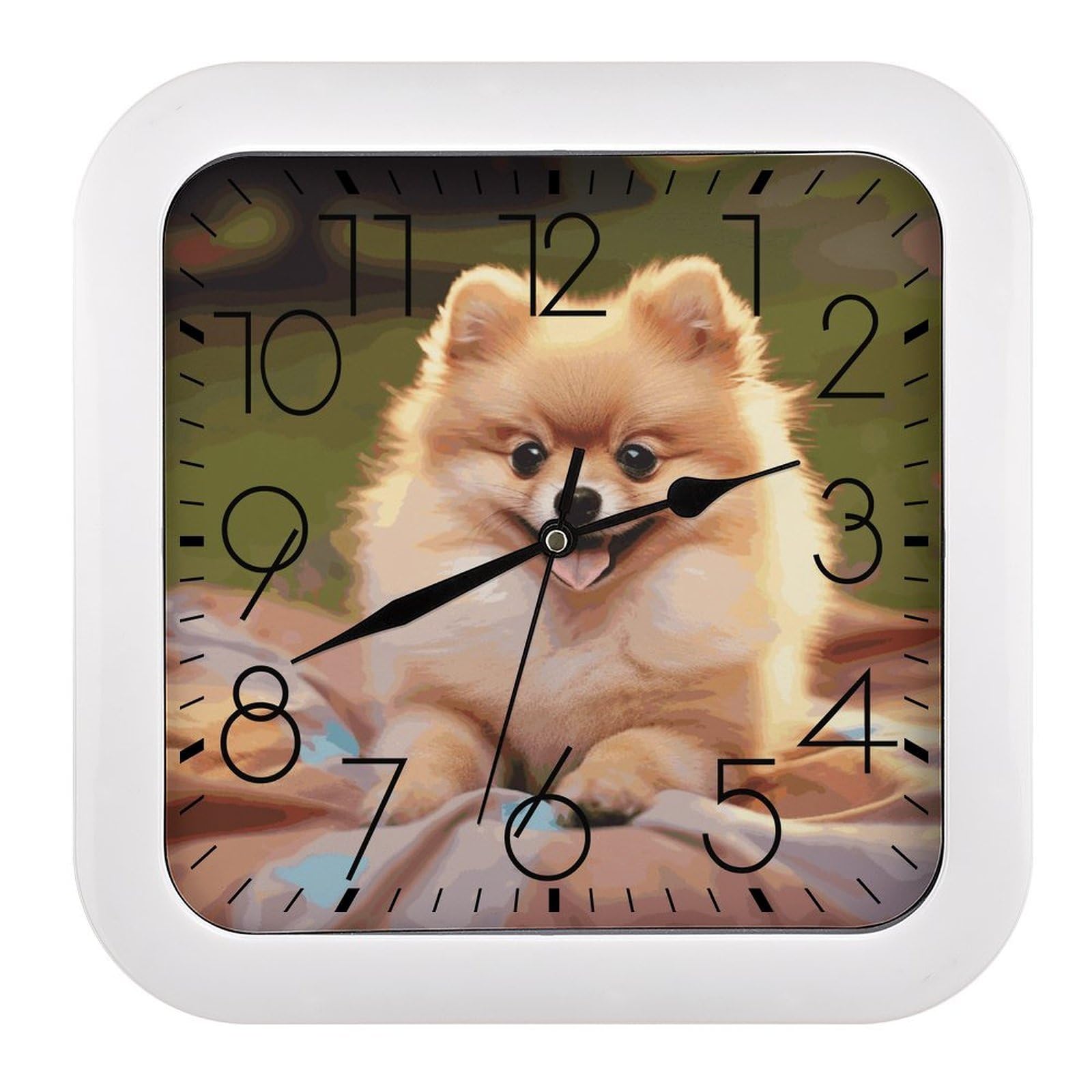 LDGSUPH Short-haired Pomeranian Wall Clock Silent Non-Ticking Modern Clock Personalized Vintage Square Clocks for Travel Office Kitchen Home Decorative Clocks 10.2 Inch
