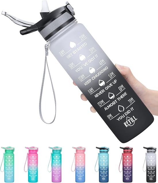 MEITAGIE Water Bottles with Straw and Buckle Handle, 1 Litre BPA Free Water Bottle with Time Markings Leak-proof Perfect for Fitness Gym Camping Outdoor Sports