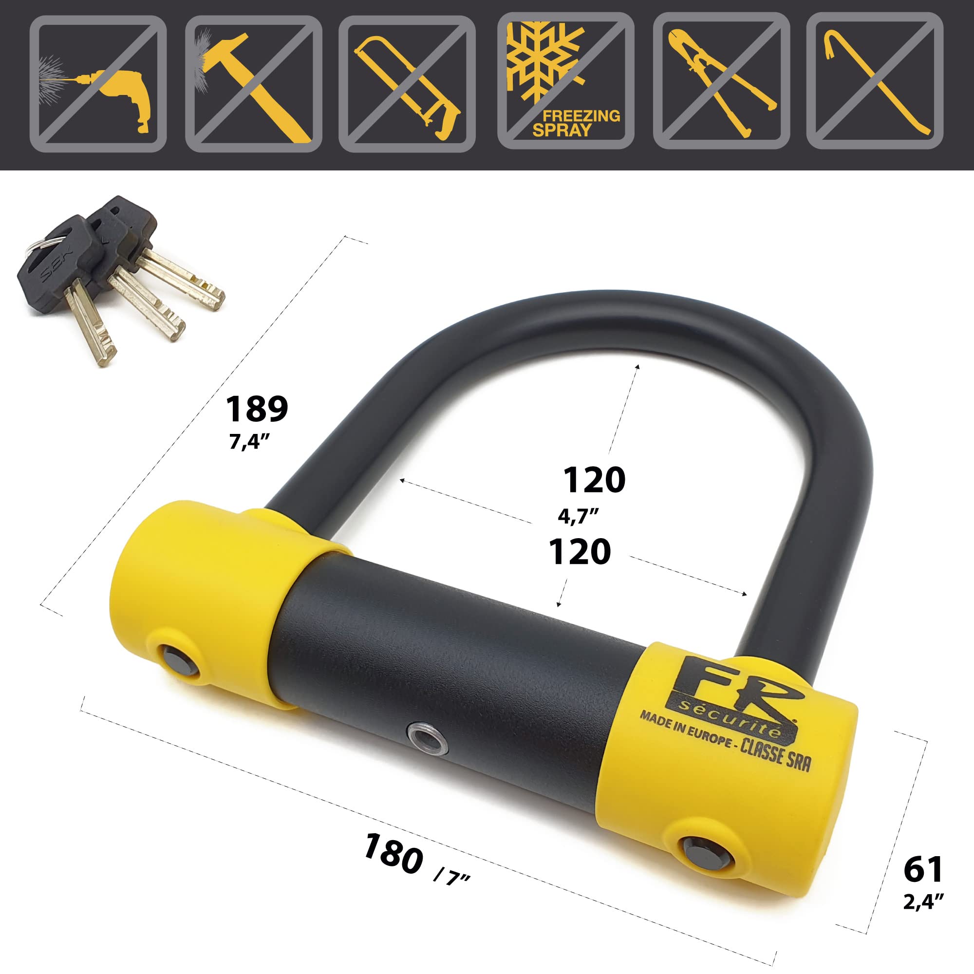 FR SECURITE FR120S Lucchetto a U Omologato SRA, Archetto ø18 Acciaio Temperato Doppio Blocco, Serratura Antigrimaldello Più Sicura e Resistente, Lucchetto Antifurto a U 120x125mm per Pneumatico Moto