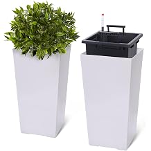 22.5 Inch Tall Self Watering Planters Set of 2, Indoor Outdoor Planter Pots with Water Level Indicator, Drainage Holes and Removable Inner Bucket for Patio Porch Balcony, White