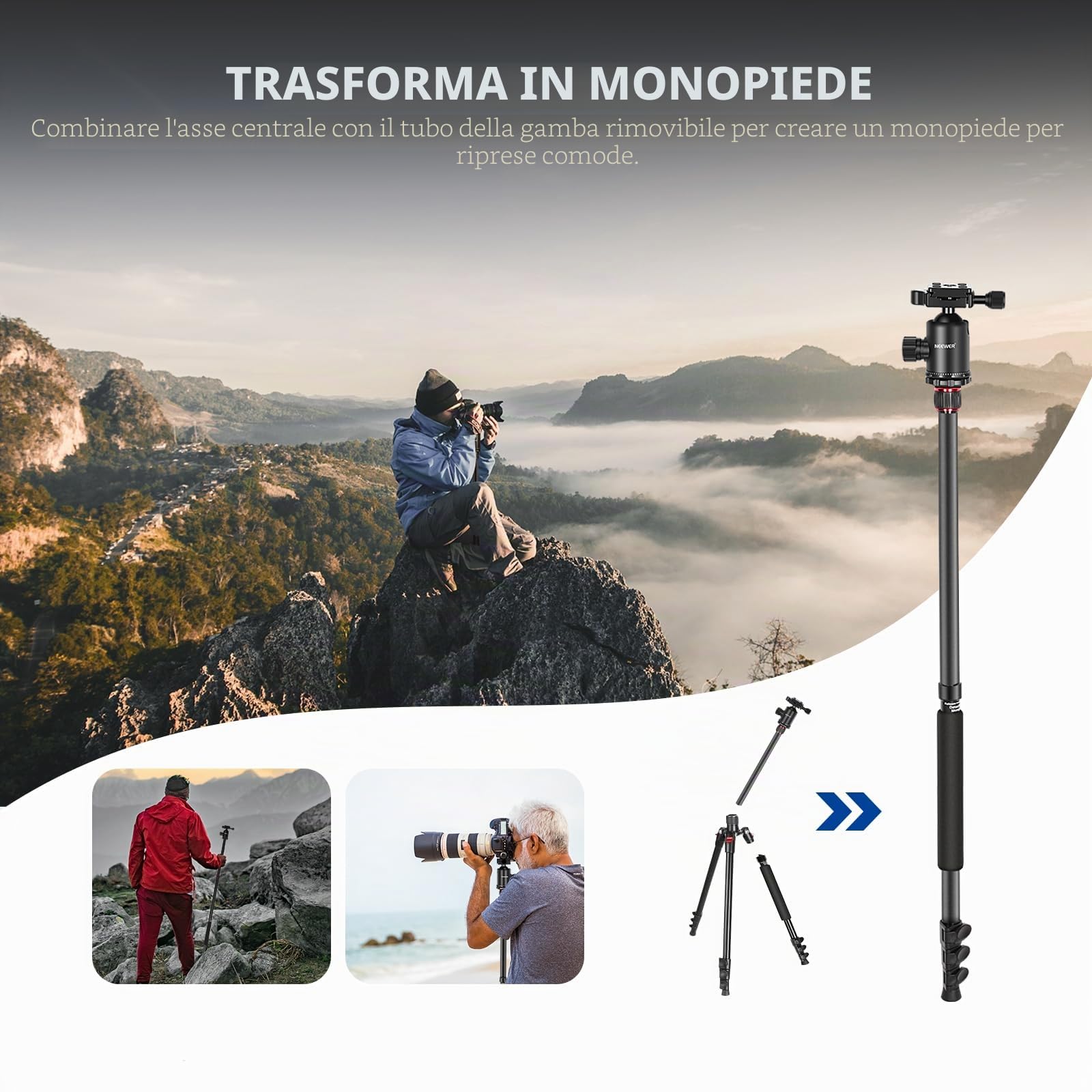 NEEWER 77'' Treppiede Fotocamera, Treppiede Monopiede Pieghevole Alluminio DSLR, Telefono con Testa a Sfera Panoramica 360°, Colonna Centrale a 2 Assi, Piastra Arca QR e Borsa, Carico Max 34lb, TP77