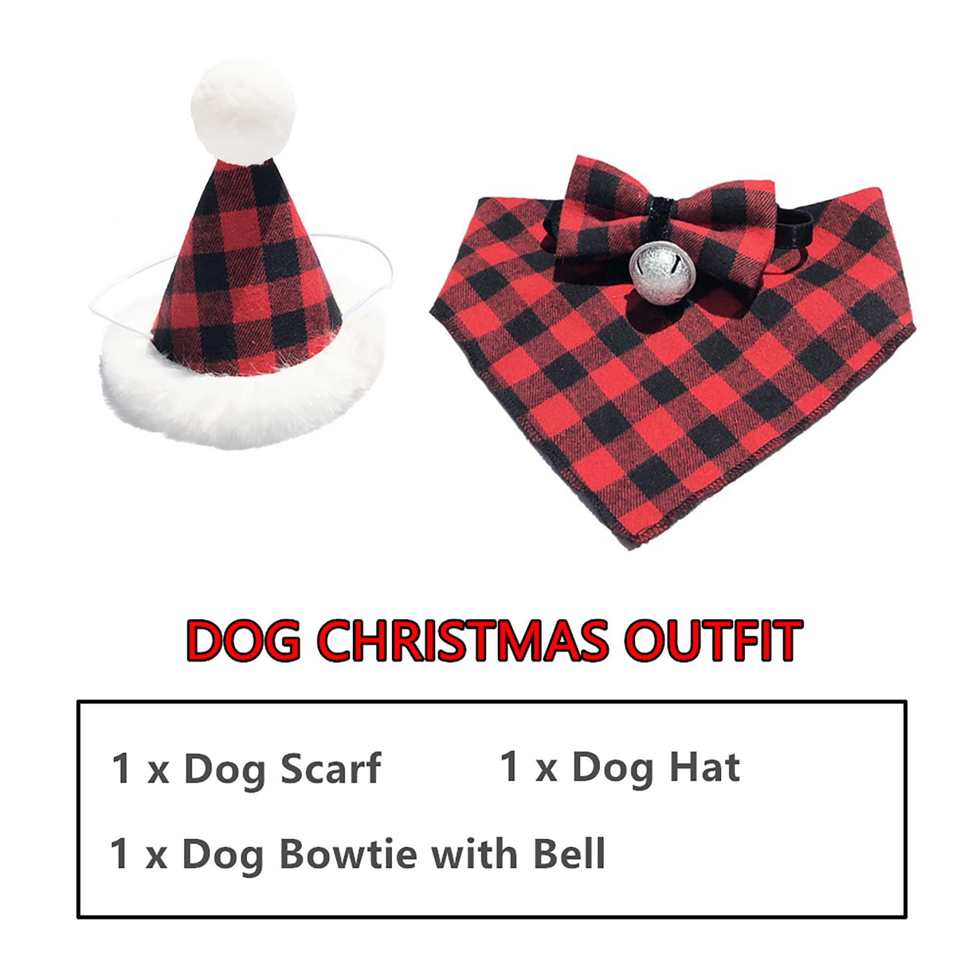 Weihnachts-Hunde-Bandana-Mütze, Fliege, Set – klassisches kariertes Haustier-Schal, Dreieck-Lätzchen, Hunde-Weihnachtskostüm-Dekoration, Zubehör für kleine, Katzen, Haustiere (rot)
