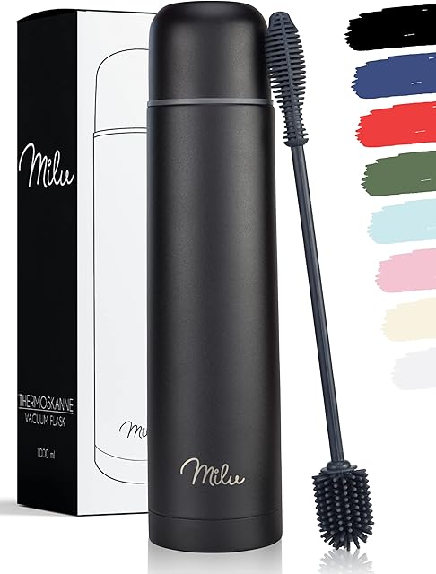 Milu Vacuum Insulated Flask 1L, 750ml, 500ml - Thermo Water Drinking Bottle with Cup for Hot & Cold Drink - Stainless Steel, 100% Leak-Proof (Black, 750ml)