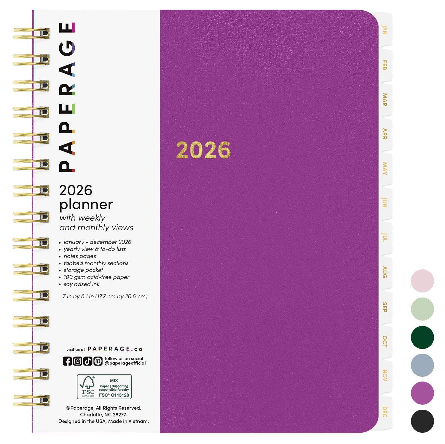 PAPERAGE 2026 Weekly & Monthly Planner, 12 Months (January 2026 - December 2026), 6.6 in x 8.1 in, Spiral Bound 2026 Planner with Weekly, Monthly & Yearly Views, Note Pages & Inner Pocket – Raspberry