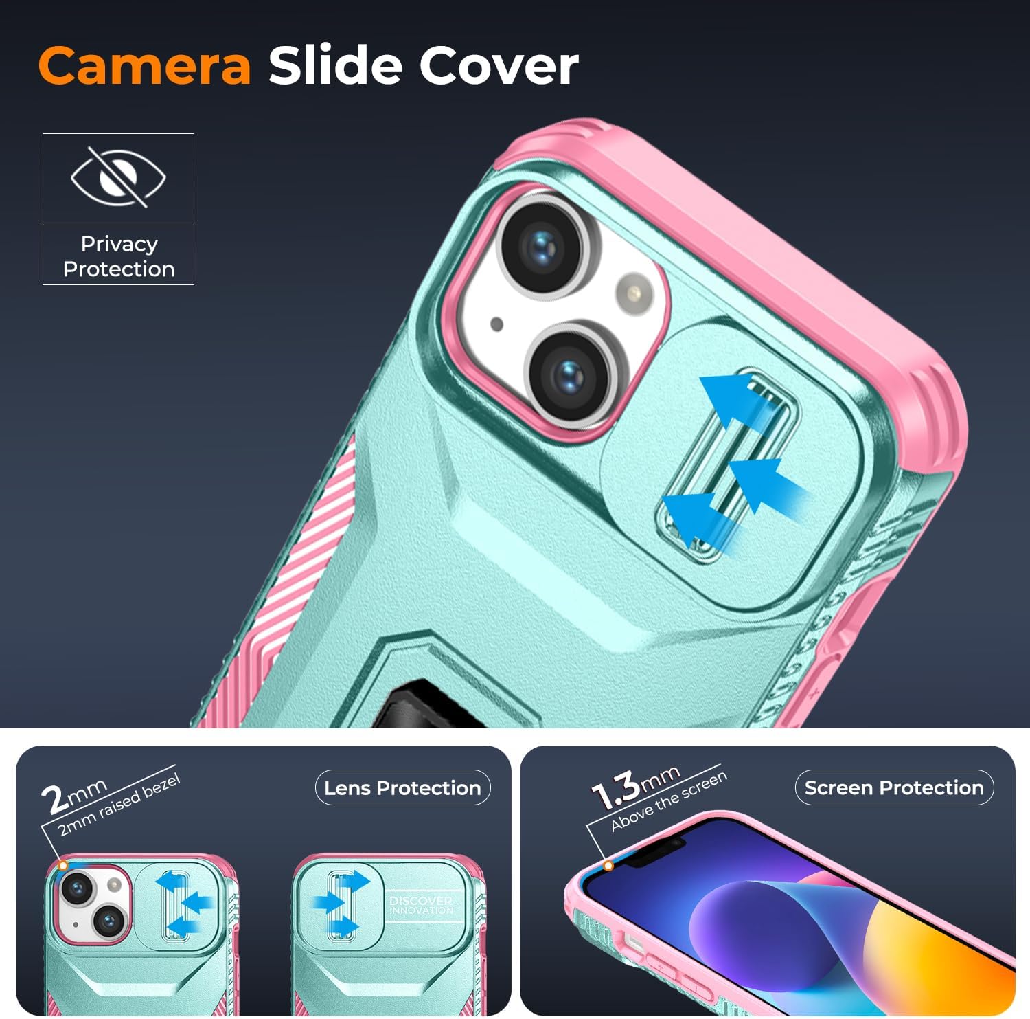 Case for iPhone 13/iPhone 14 6.1-Inch Slide Camera Cover+Screen Protector(2 Packs), Military Grade Shockproof Protective Cover, Rotated Ring Kickstand with Camera Protection (Celadon+Pink) - Image 3