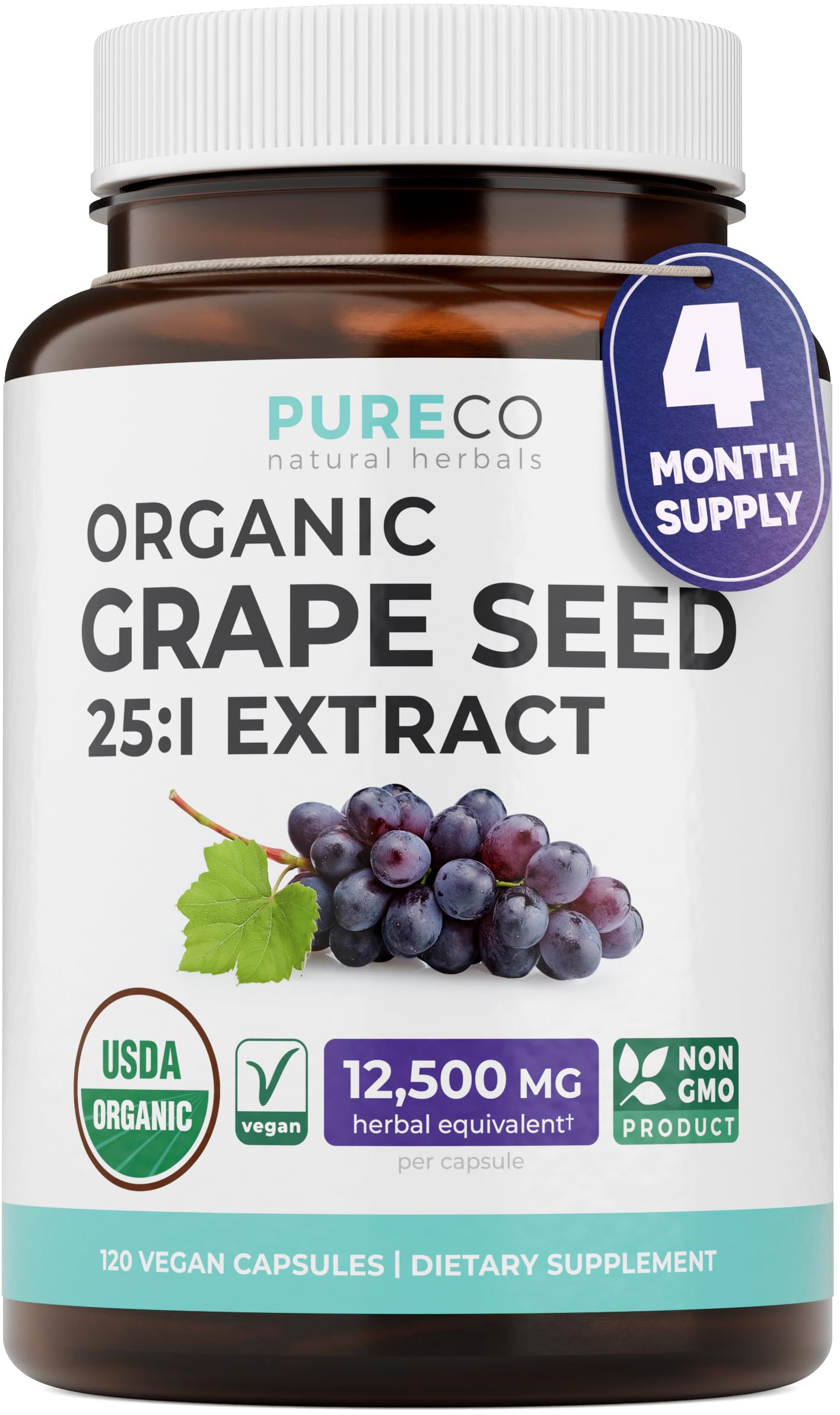 USDA Organic Grape Seed Extract - High Potency 25:1 Grapeseed Supplement with 12,500mg Herbal Equivalent Strength - Antioxidant Support - Vegan & Non-GMO (4 Month Supply)