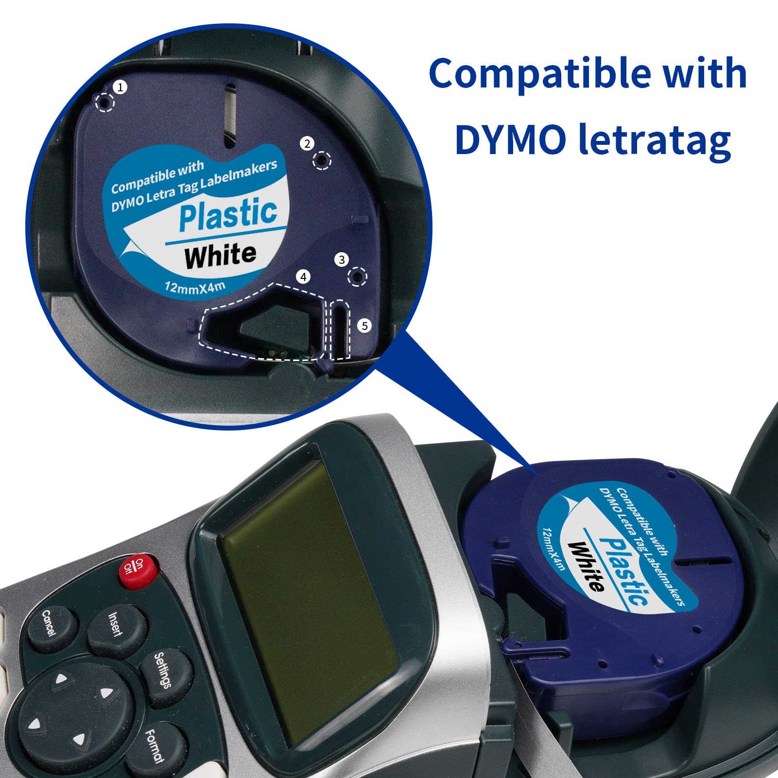 5 X 91331 Label Maker Tape Replacement for Dymo Letratag Refills, Compatible with Dymo Label Maker Refills Letra Tag LT-100T LT-100H QX50, 12mm x 4m Black on White