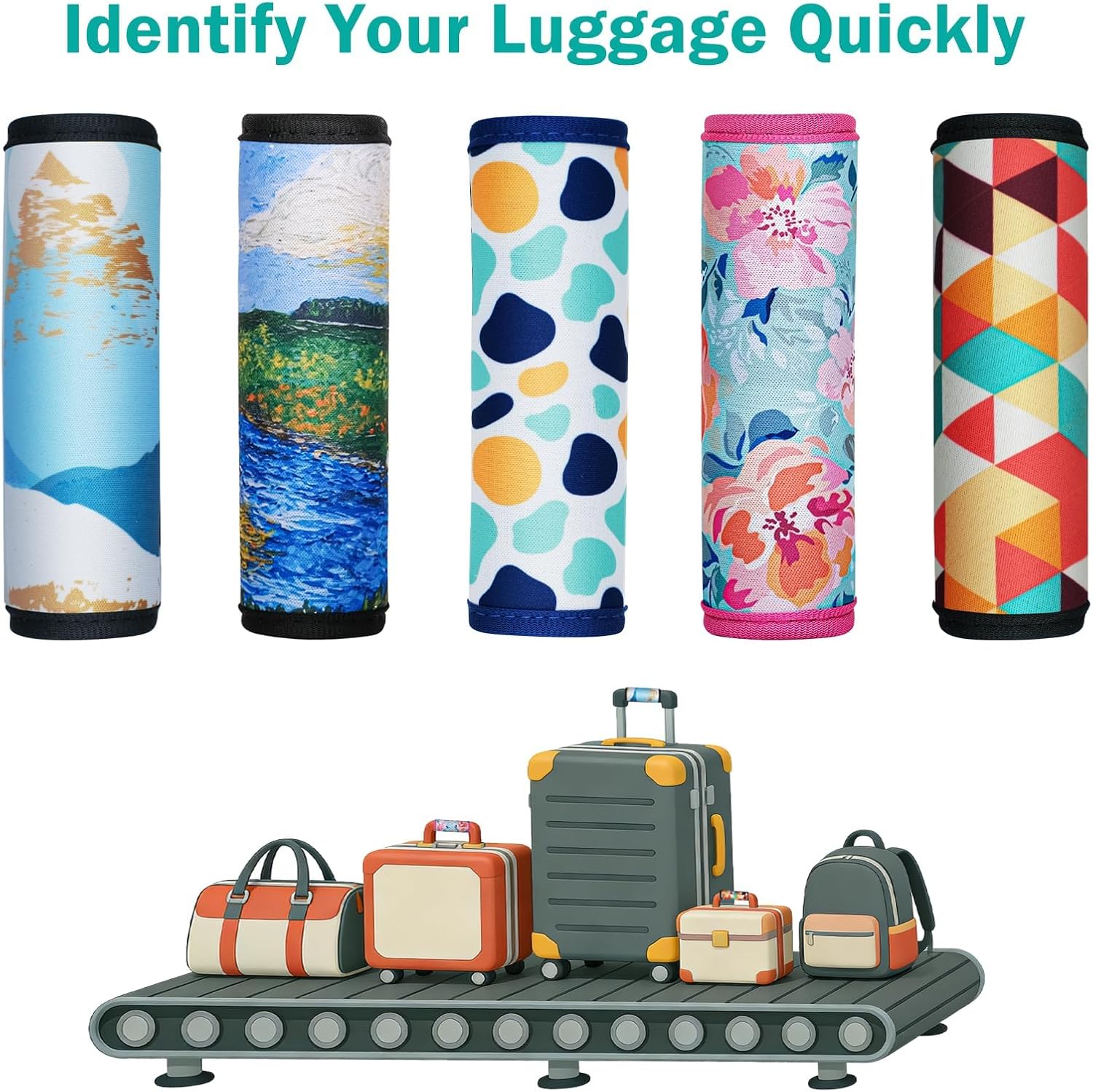 HEYSKAY 3pcs Neoprene Luggage Handle Wrap for Suitcase Identifier Travel Bag Wraps Luggage ID Tags Door Handle Protection Sleeve Cover (Waves Print)