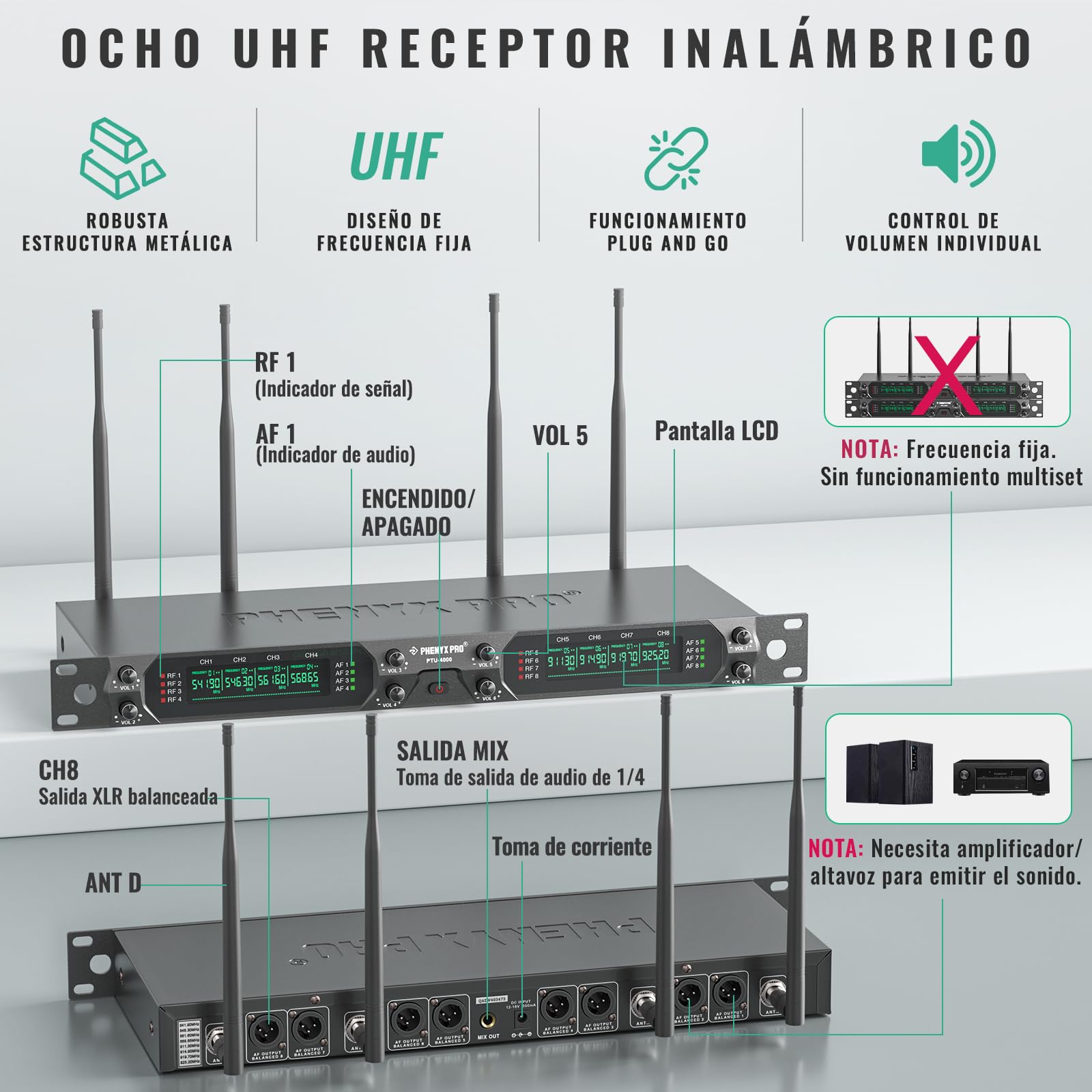 Phenyx Pro Sistema Mic Inalámbrico UHF 8 Canales PTU-4000-8H