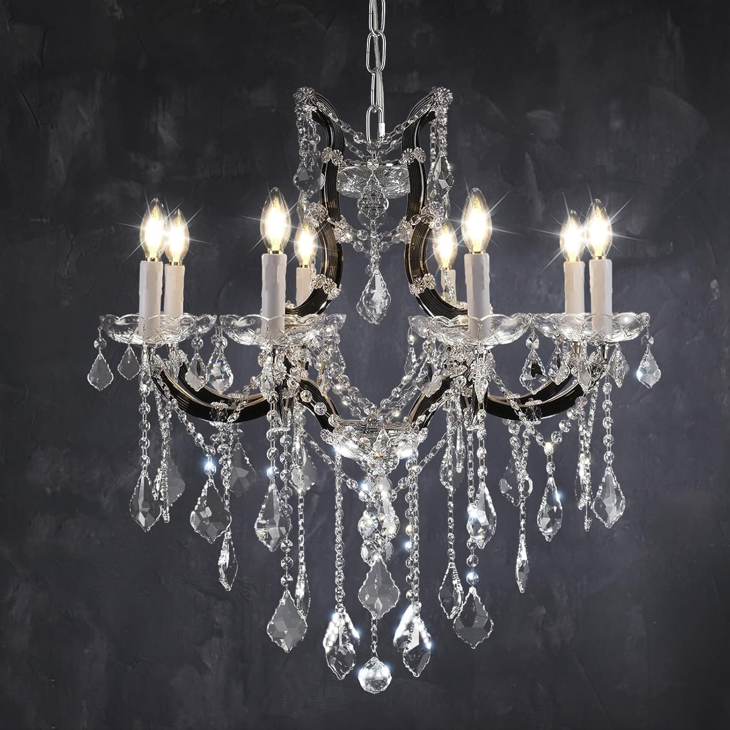 Black Crystal Candle Chandeliers, 8-Light Chandeliers for Dining Room 30" Chandelier for Living Room Luxurious Maria Theresa Chandelier Farmhouse Light Fixture for Bedroom, Foyer Black 8 Light