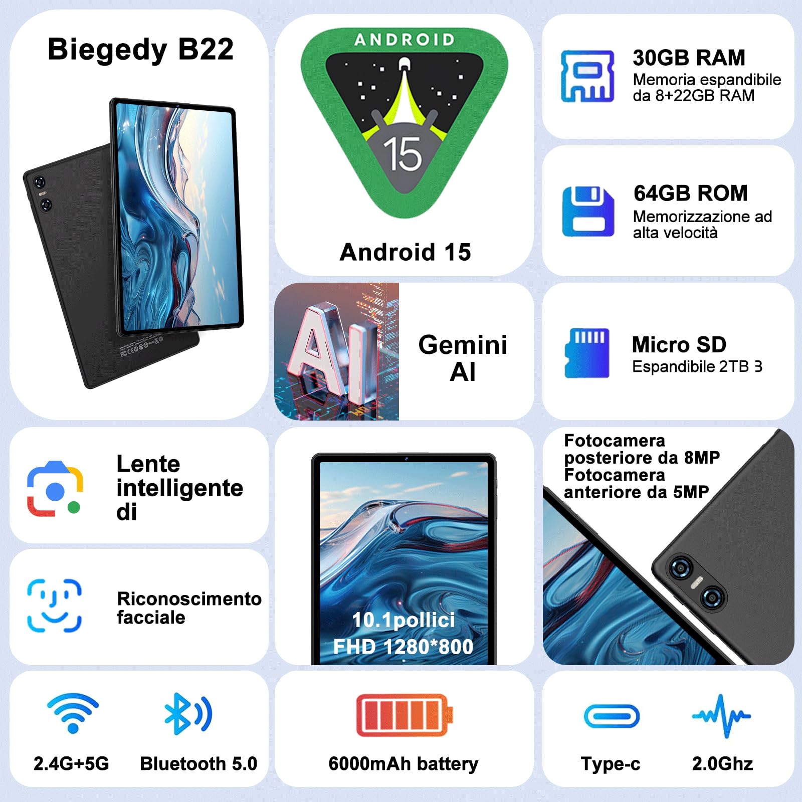 2026 Tablet 10 pollici Android 15, Gemini AI, octa-core, 30 GB RAM (2 TB TF), Widevine L1, GMS, GPS, 5G Wi-Fi 6, BT 5.0, 6000 mAh, 5+8 MP, Tablets Corpo in Metallo con Tastiera+Mouse+Custodia - Nero