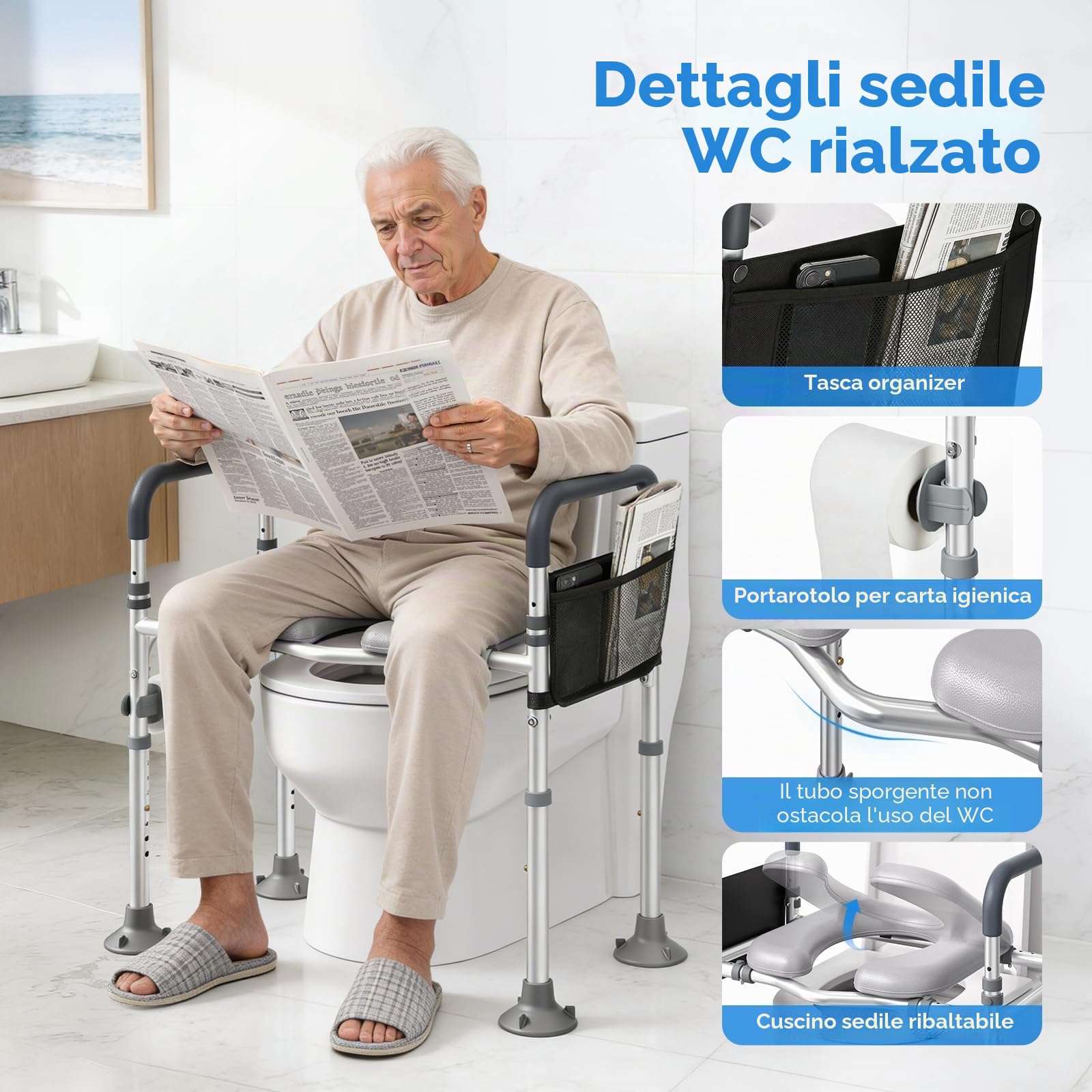Alzatore per WC con Braccioli, Alzatore per Sedile del WC per Anziani con Altezza e Larghezza Regolabili, Sedile Rialzato per Anziani, Disabili, con Seduta Imbottita, Si Adatta a Qualsiasi WC