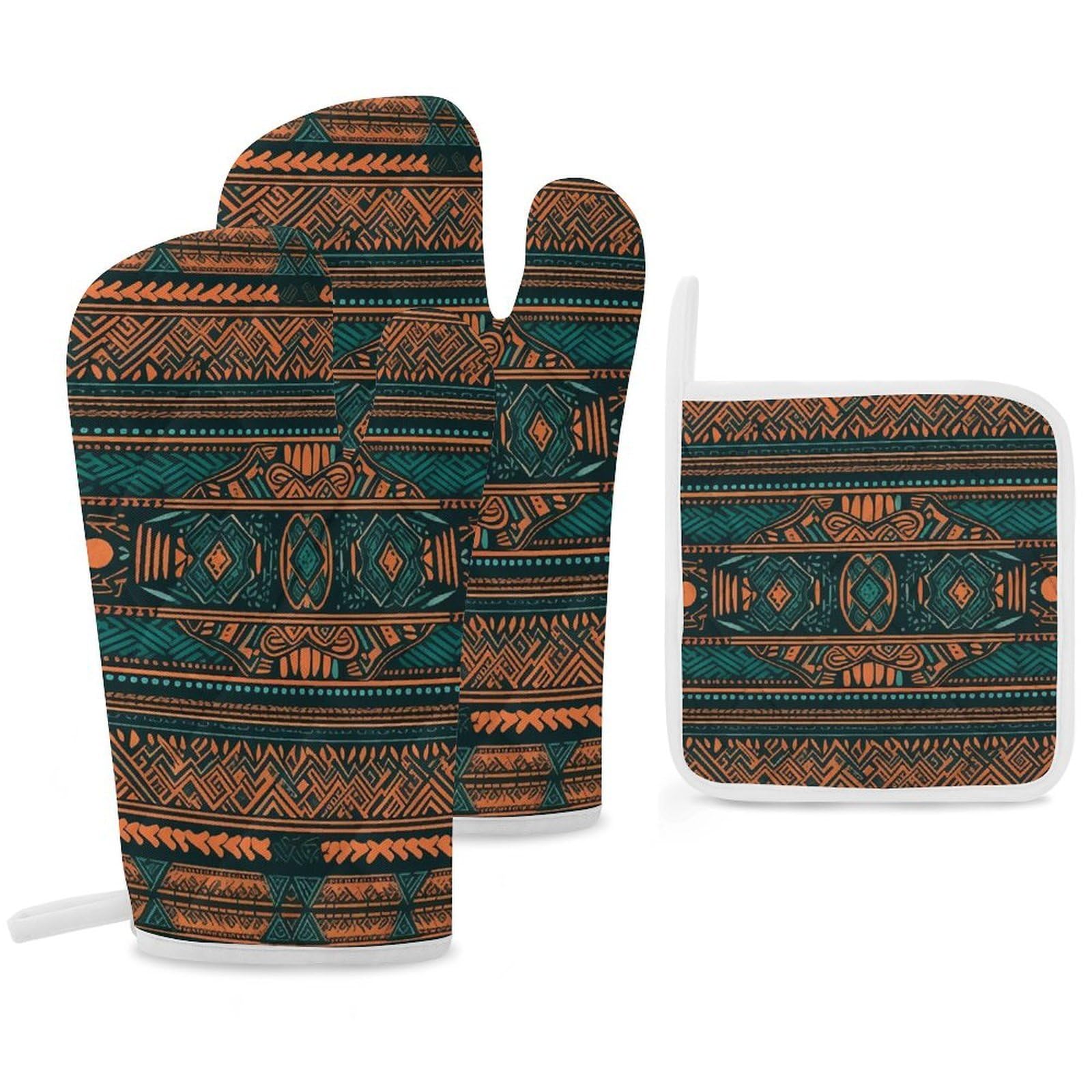 Oven Mitts and Pot Holders Set of 3 Heat Resistant Non-Slip Kitchen Gloves Hot Pads African Tribal Pattern Mittens Gloves Non-Slip Potholders for Cooking Baking Grilling BBQ