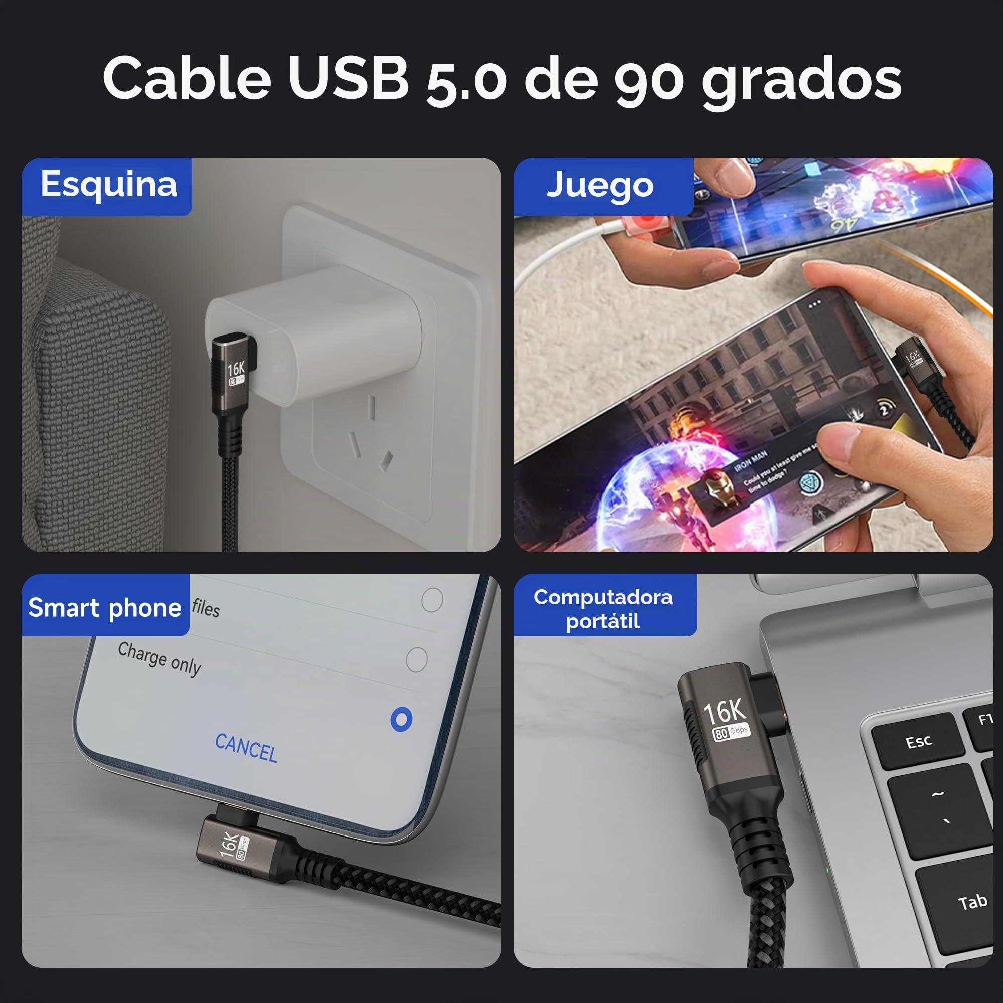Cable Tipo C ángulo recto largo 3 m Compatible Con Thunderbolt 5/4,Cable USB5 80Gbps Transferencia de Datos,90 Grados USBC Carga Rapida 240W,16K@60Hz/8K@120Hz para Display,SSD,Dock,eGPU