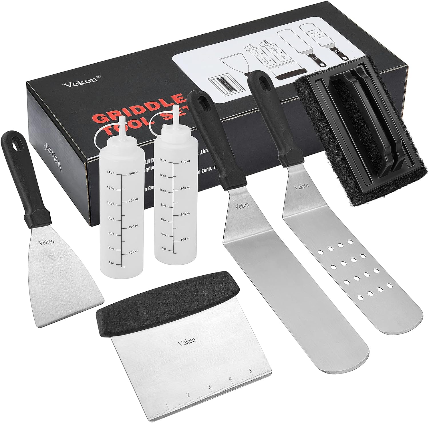 Veken Griddle Accessories Kit, 7 Pc. Flat Top Grill Accessories Set for Blackstone, Professional Grade Stainless Steel BBQ Tools for Outdoor BBQ Grill Frying, Cooking Meals and Camping : Patio, Lawn & Garden