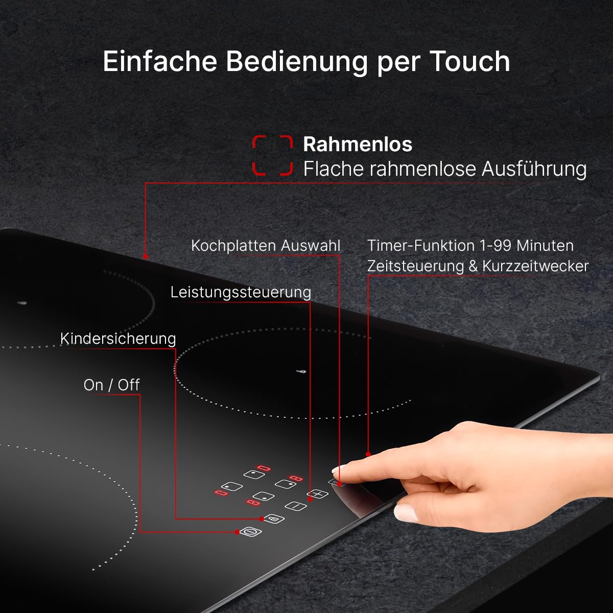 Bomann® Autarkes Induktionskochfeld mit 4 Kochfelder | Kochfeld Autark m. Touch & Topferkennung | Boosterfunktion | Kochplatte 9 Stufen | Induktionskochplatte 7400W & Kochstoppautomatik | EBK 7942