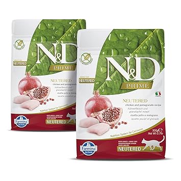 FARMINA N&D Prime - Chicken & Pomegranate - Grain Free - Cat Dry Food - Neutered Cat - Adult 300g (Pack of 2, Each 300Gms)