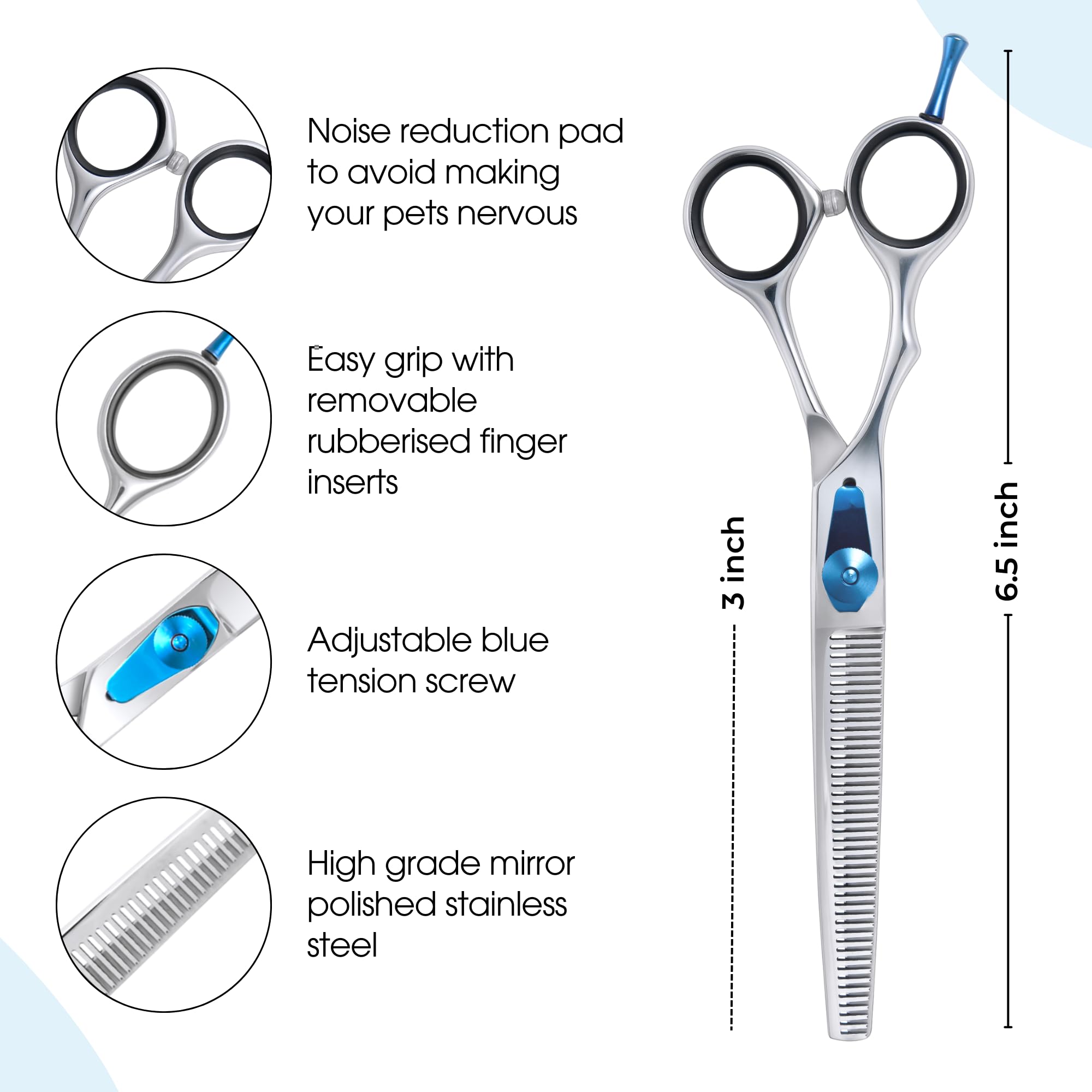 Masterclip 6.5” Square Edged Thinning Scissors, Professional High Grade Stainless Steel Easy Grip Dog Grooming Scissors - Image 3