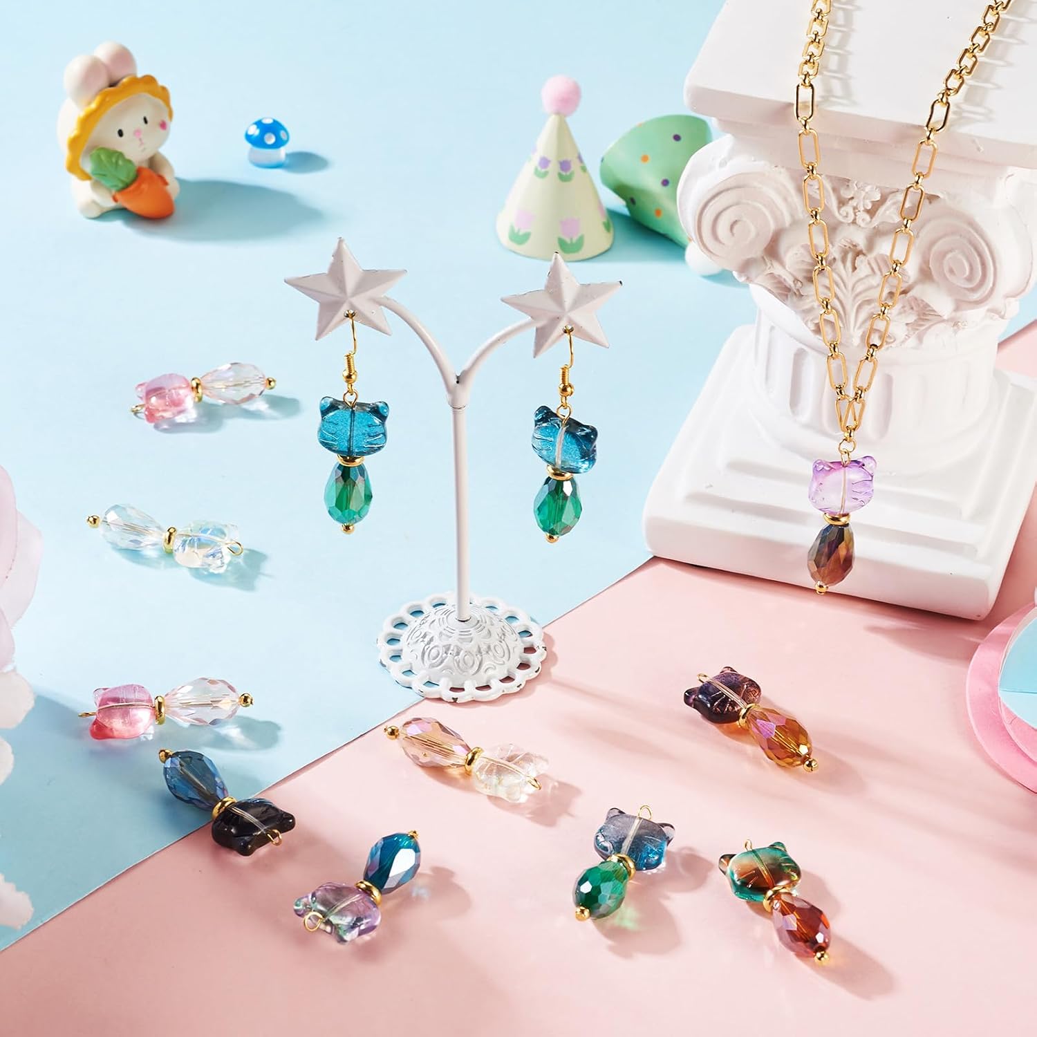 18Pcs Glass Cat Charms Colorful Faceted Cat Head Teardrop Bead Dangle Pendants Cute Crystal Pet Animal Charms Lovely Kitten Hang Ornament for DIY Crafts Earring Necklace Jewelry Making image 3