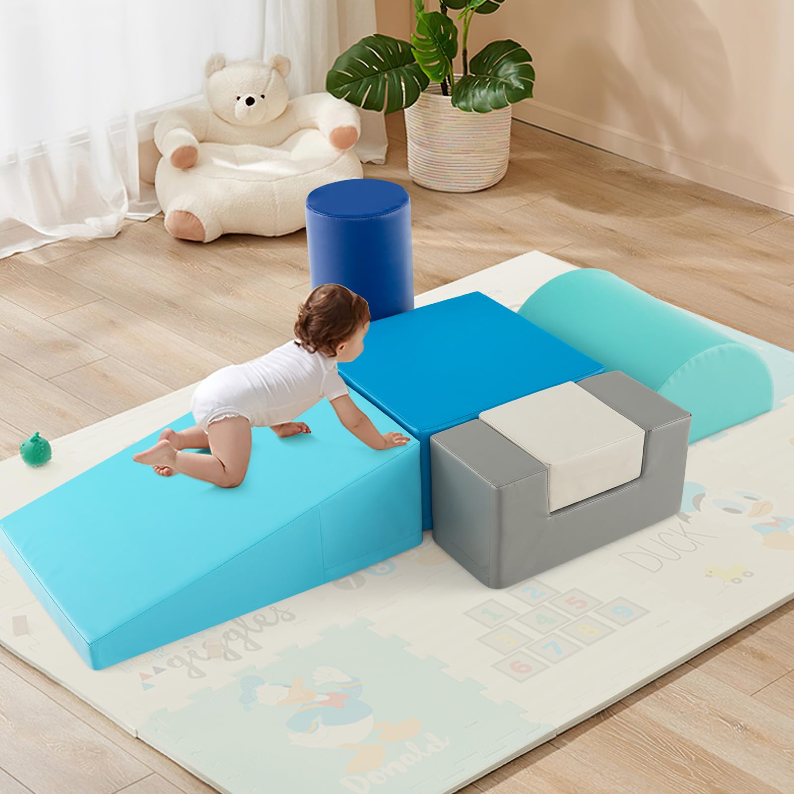 GOPLUS 6 TLG. Schaumstoffbausteine, Softbausteine zum Klettern & Rutschen, Riesenbausteine aus Kunstleder & Schaumstoff, Großbausteine Softbausteine für Baby Kleinkinder (Pfauenblau)