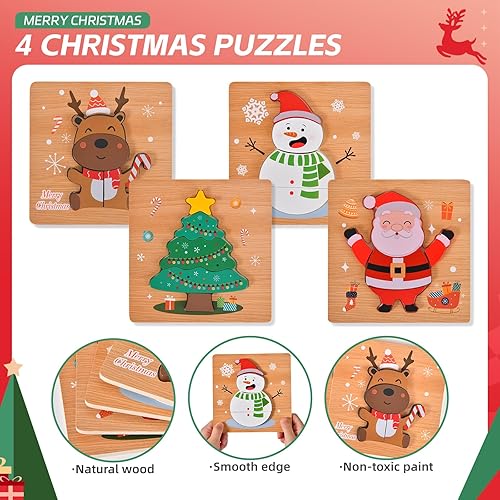 Miniatura 3 de Paquete de 4 rompecabezas de madera de Navidad para niños pequeños, rompecabezas de calcetines de Navidad, juguetes de fiesta de Navidad
