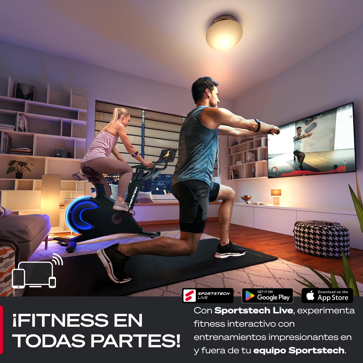 Sportstech sBike Lite - Bicicleta estática inteligente con LED + aplicación con cursos en vivo y bajo demanda y soporte de tableta de 360° para entrenamiento completo del cuerpo, ergómetro para
