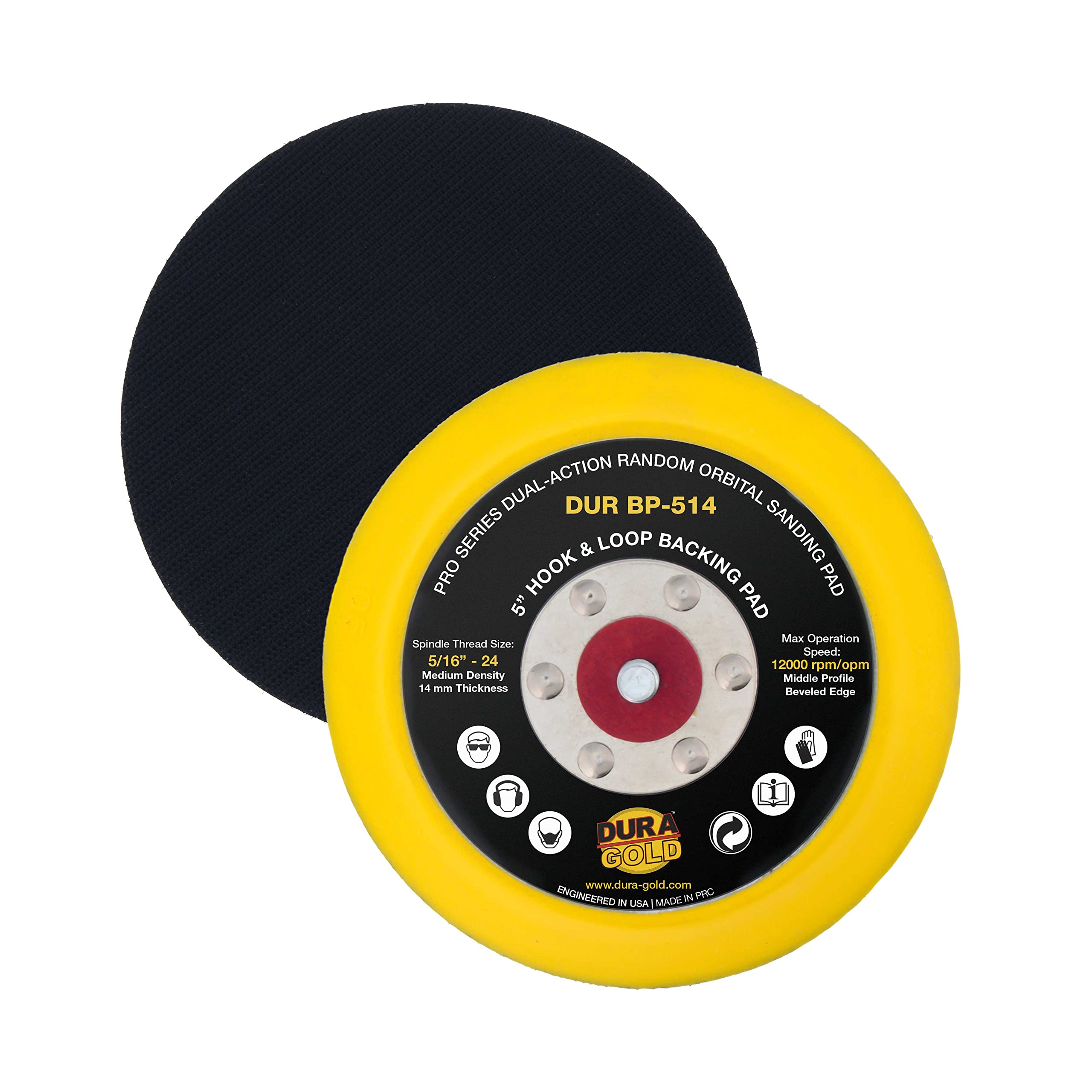 Dura-Gold Pro Series 5" Hook & Loop DA Backing Plate Pad - 14mm Thick Medium Profile Edge, Dual-Action Random Orbital Sanding Pad, 5/16" - 24 Threads - for Sander Polisher Auto Woodworking Sandpaper