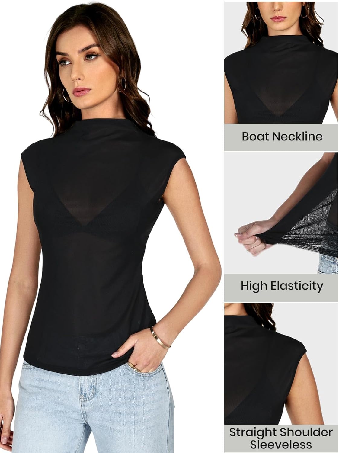 YOINS Women's Sheer Mesh Mock Neck Tank Tops Sleeveless Transparent Going Out Top Y2k Shirts - Image 3
