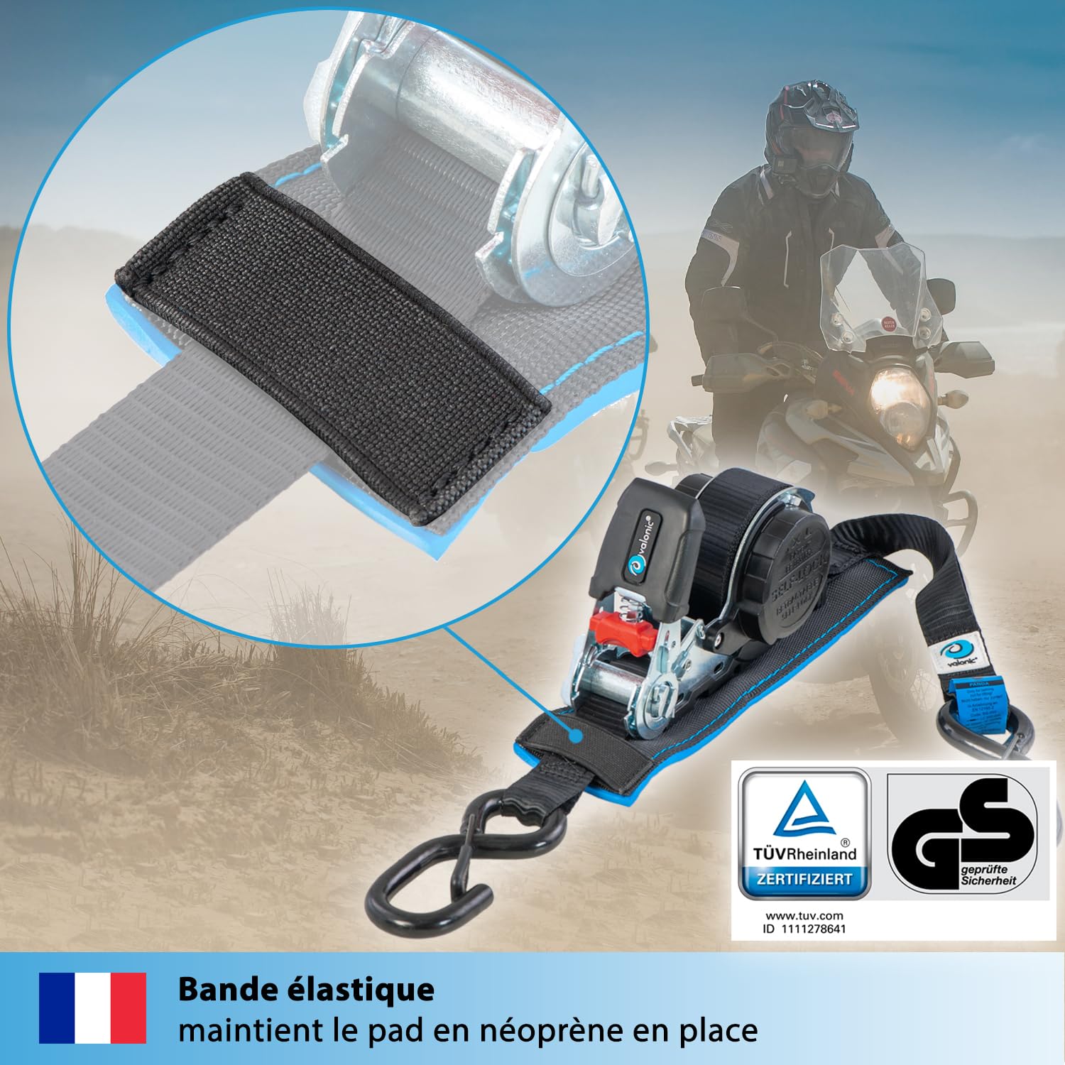 valonic Panda - 2X 5m Sangle d'arrimage Automatique avec Mousqueton Crochet, 25mm, 300/600 Kg, rembourrée, Certifié TÜV Rheinl. / GS, en 12195-2 - avec cliquet, Noir