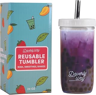 Reusable Boba Bubble Smoothie Cups with Lid And Metal Reusable Straw and Straw Cleaner In Fun Gift Box (1-pack, 24oz Boba Tea Drinking Jar)