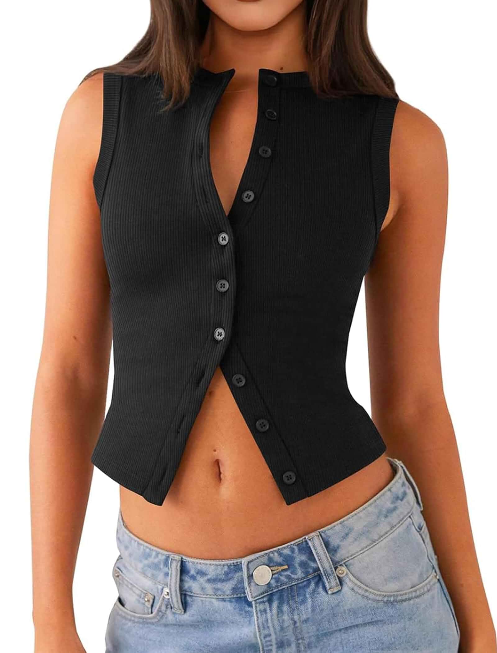 Matunana Womens Going Out Tops Summer Tank Sexy Crop Cute Y2K Trendy Shirts Button Down Ribbed Sleeveless Cropped Vest Top, Basic Casual Top, Concert Date Night Rave Party Outfits, 2026 Spring Fashion