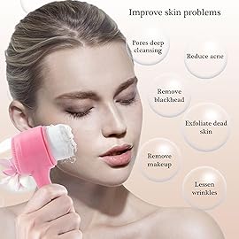 Beomeen Face Brush 2 in 1, Silicone Facial Cleansing Exfoliating Brush Soft Bristles Pore Deep Cleansing Manual Dual Face Wash Scrub Brush For Massaging, Makeup Skincare Removal, Gradient Pink
